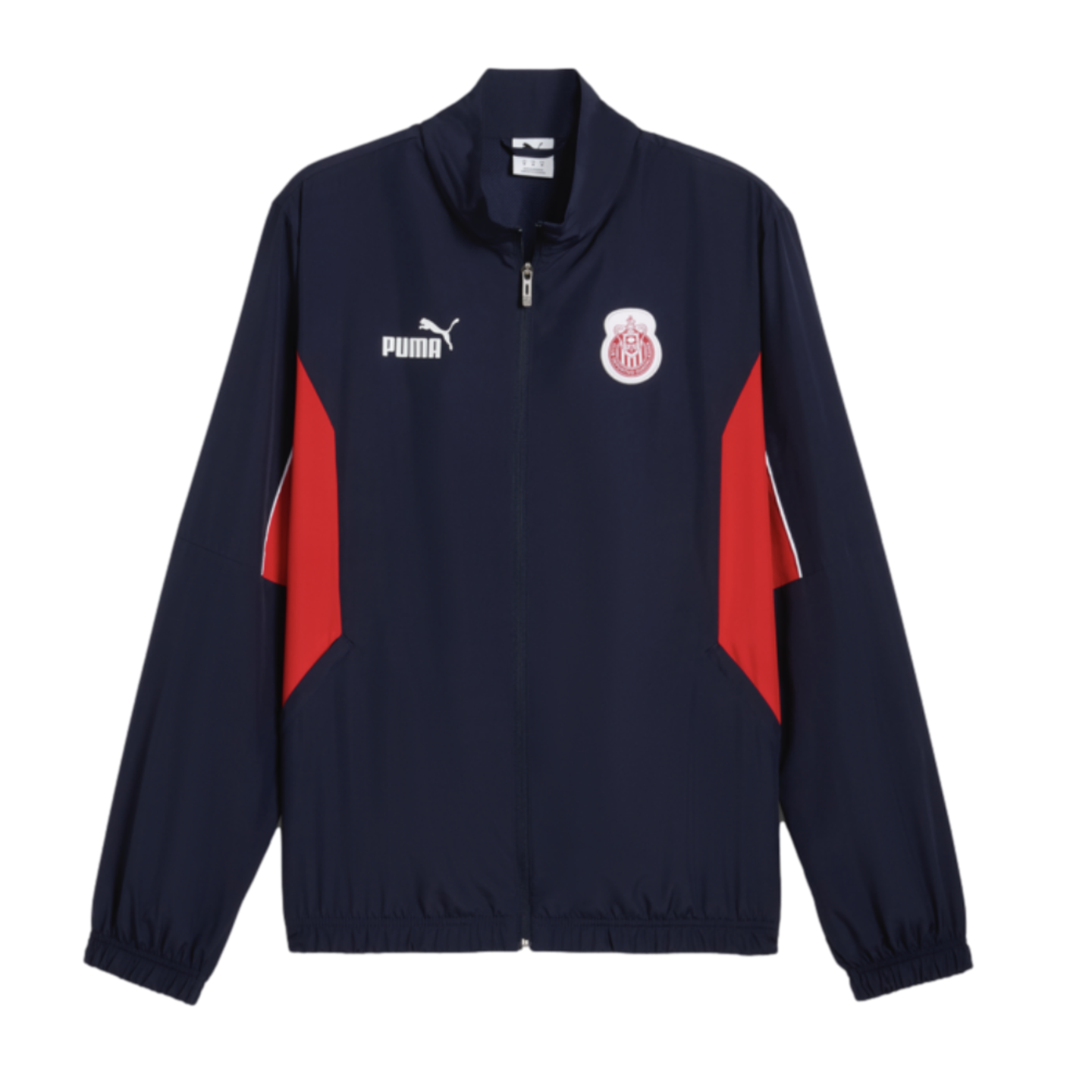 Dark blue Puma zip-up track jacket featuring red side panels and the Chivas Guadalajara crest on the chest.