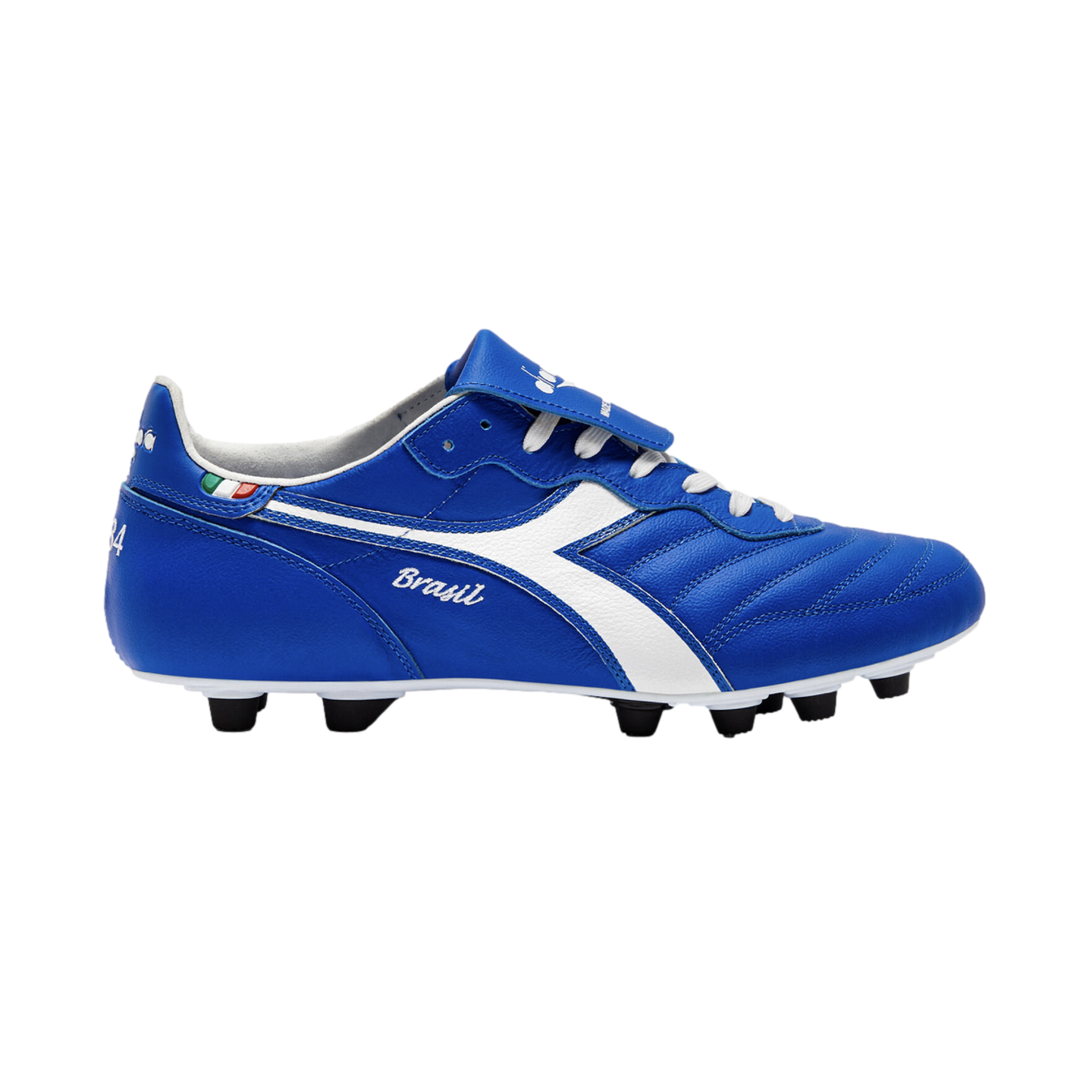 A blue and white Diadora Brasil soccer cleat with black studs, shown in a profile view against a plain white background. It features white laces and an Italian flag detail near the heel.