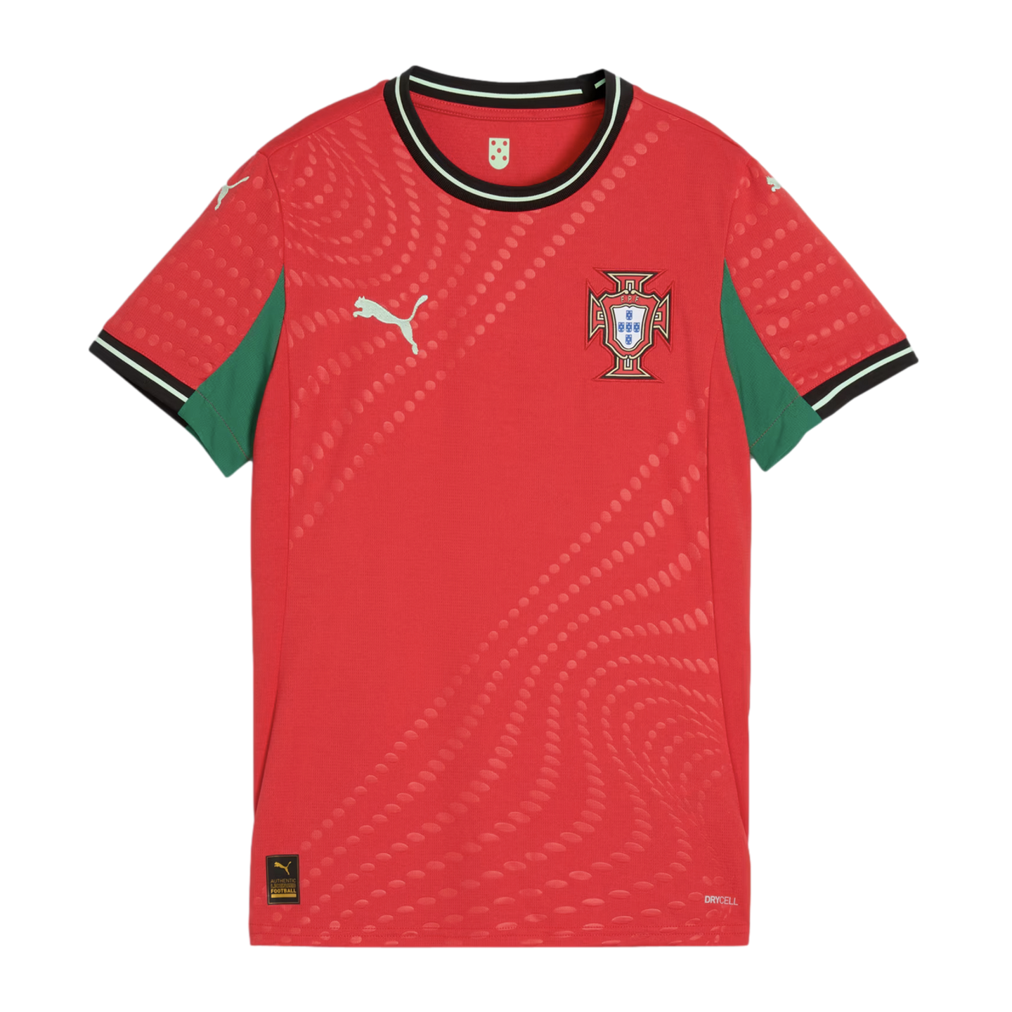 Red Puma Portugal national team soccer jersey with green sleeve panels and a tonal wavy dot pattern.
