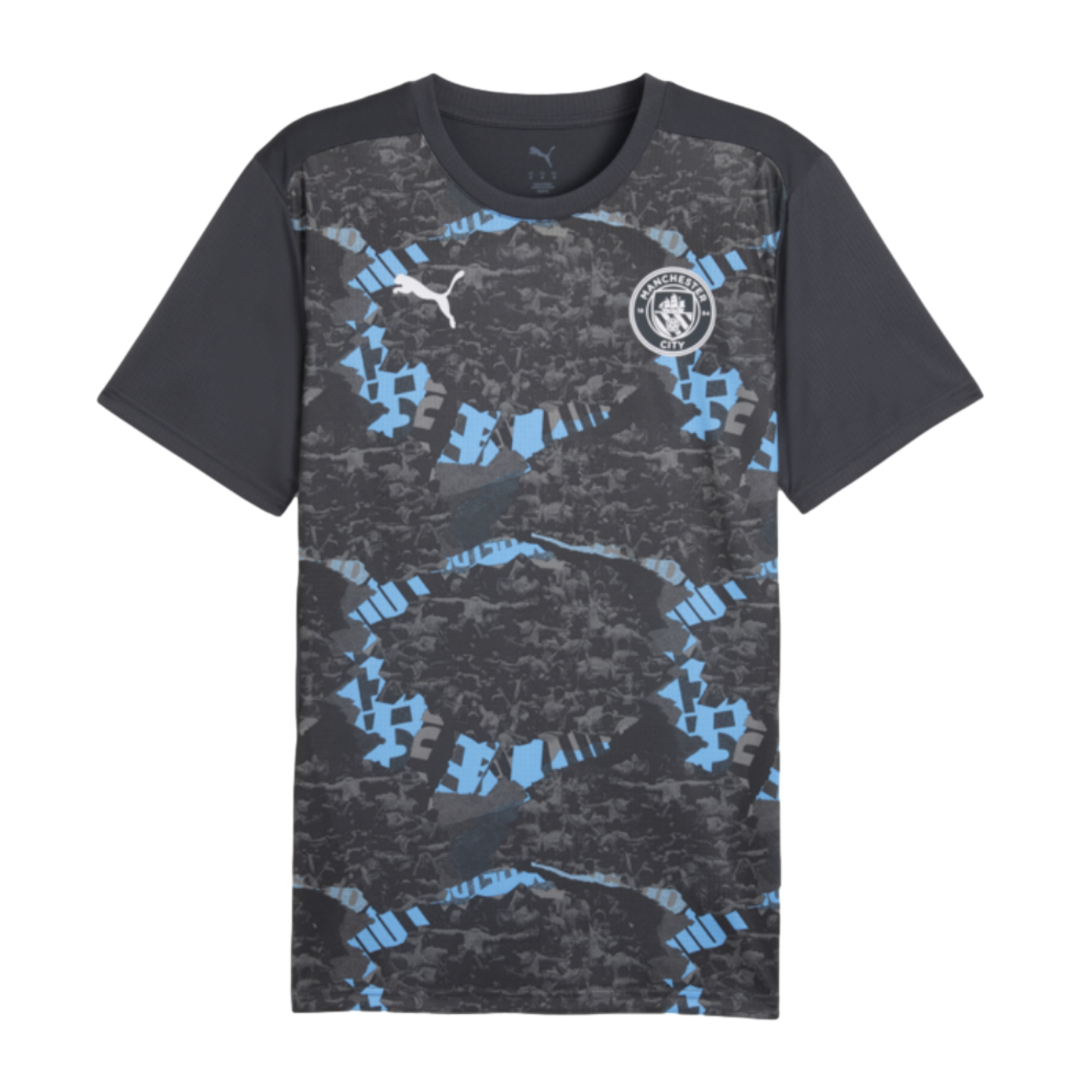 Dark grey Manchester City F.C. training jersey featuring a light blue graphic pattern on the front, with the team crest and a white Puma logo.