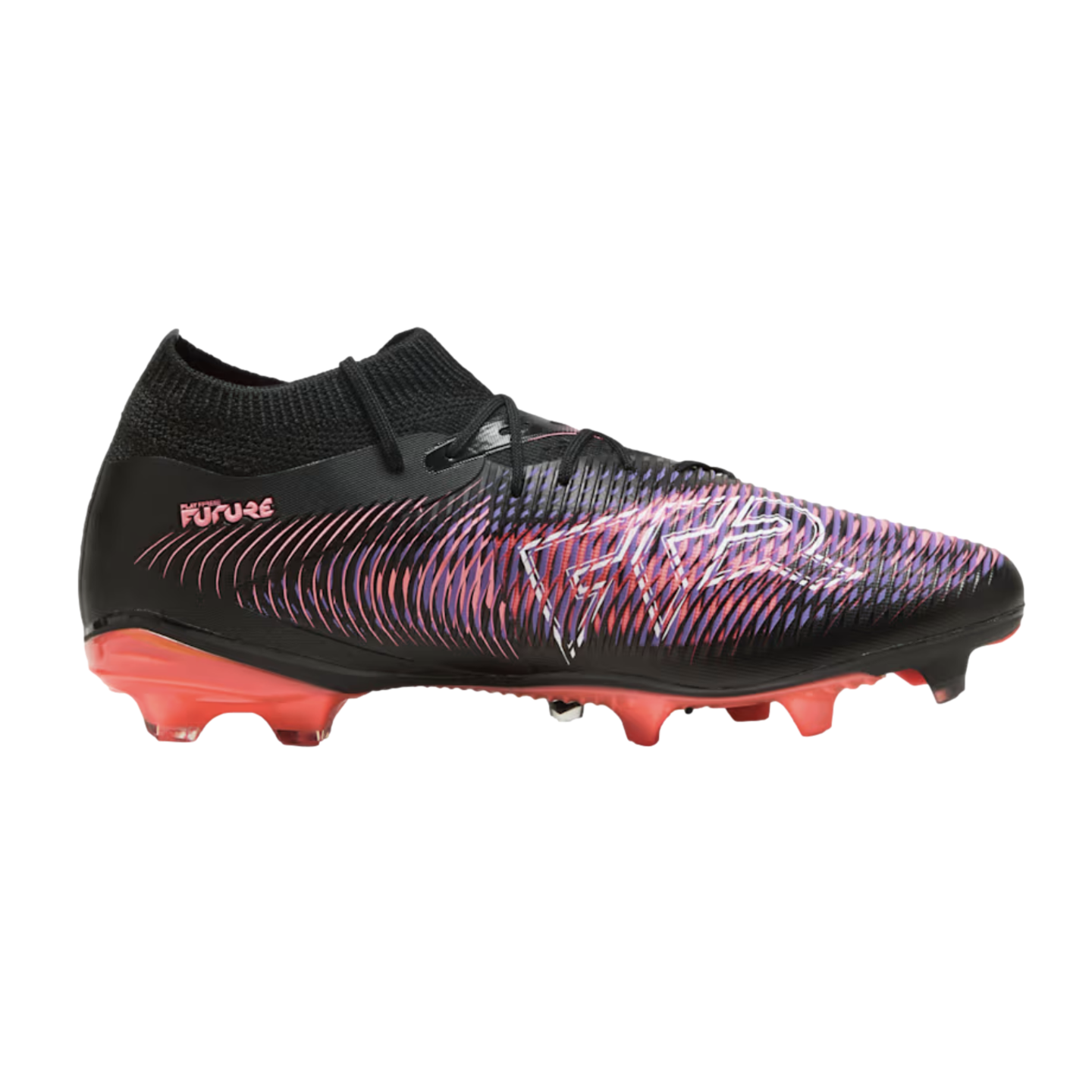 A black Puma Future soccer cleat with pink and purple textured accents, a white FTR logo on the side, and a bright red studded sole.