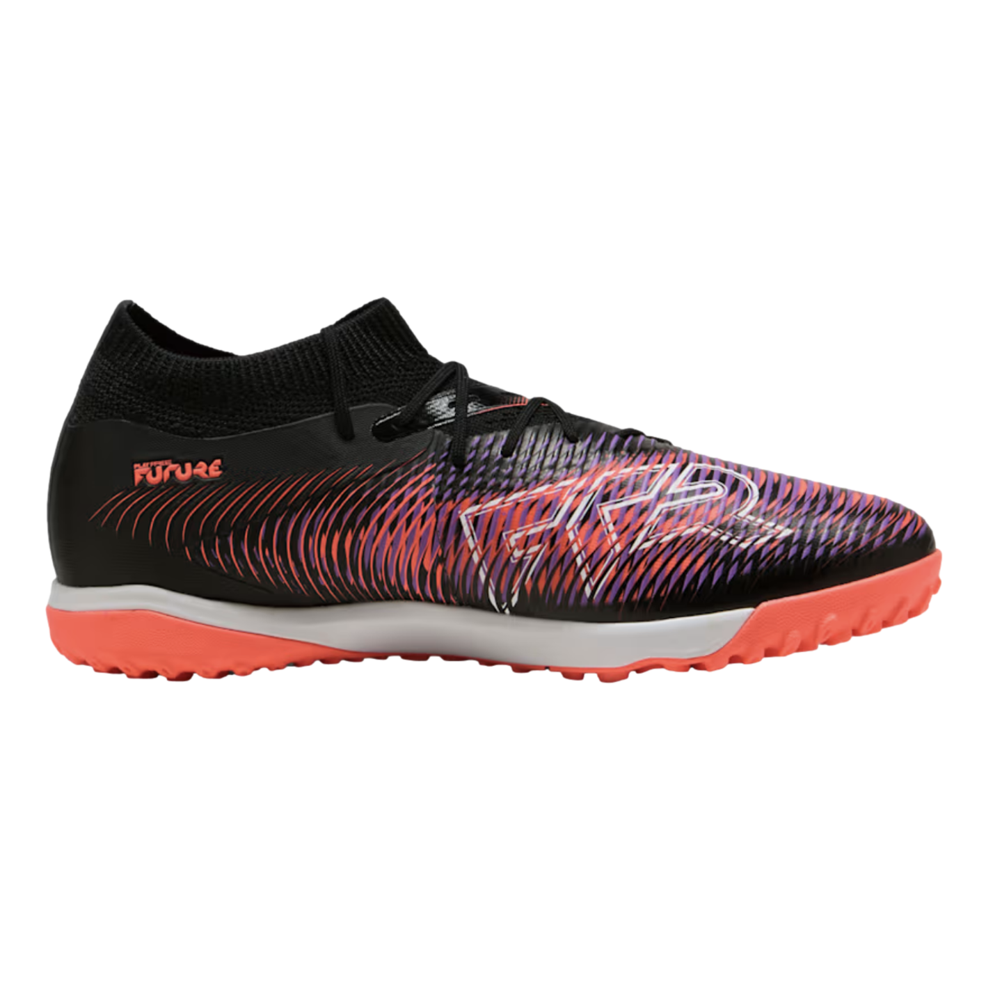 Black PUMA Future turf soccer shoe featuring a vibrant orange and purple graphic upper, white midsole, and textured orange outsole.