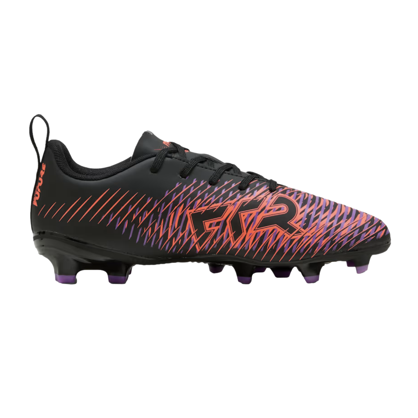 A black soccer cleat featuring a vibrant orange and purple graphic pattern, black laces, and purple-tipped studs. The word "FUTURE" is visible on the heel pull tab.