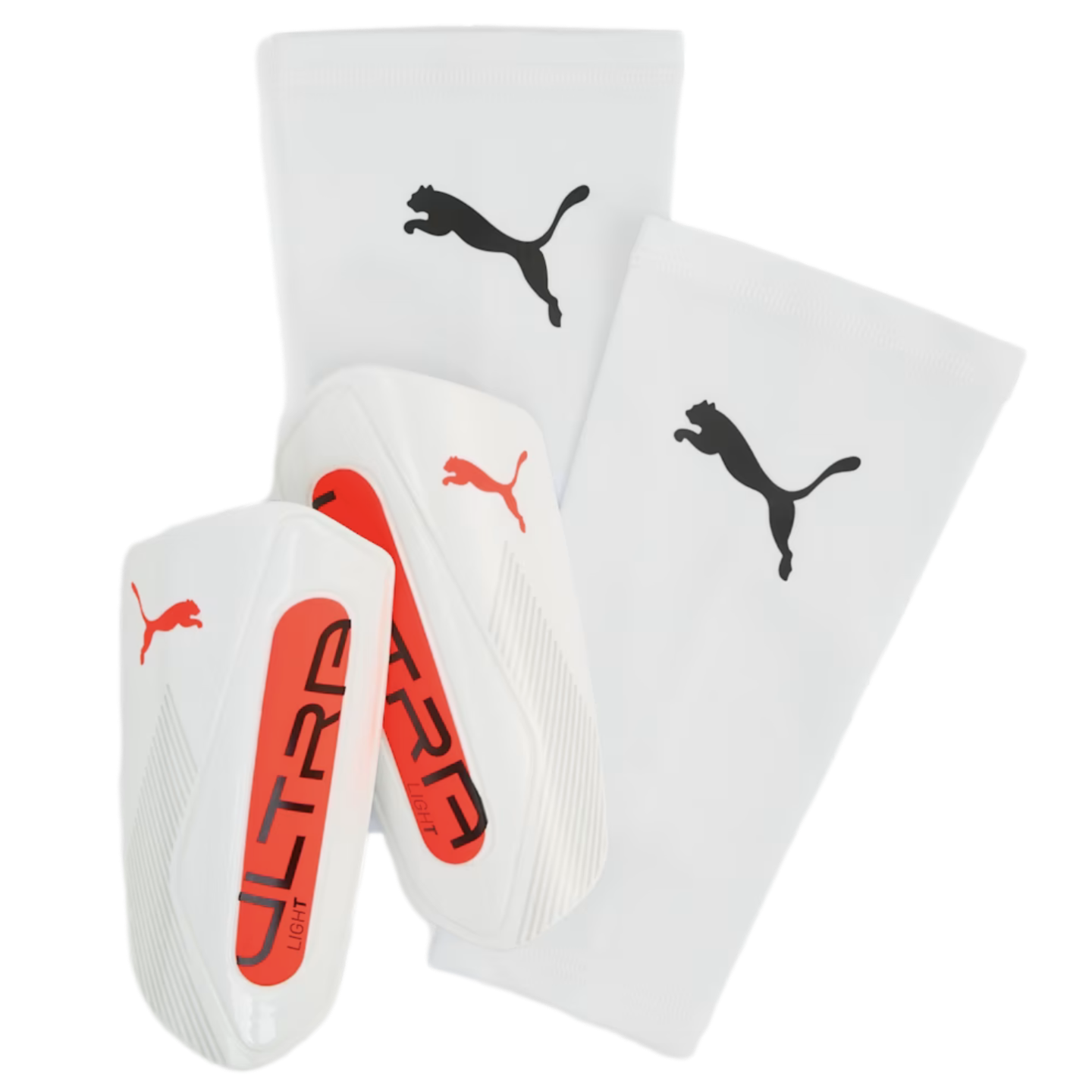 White Puma ULTRA Light soccer shin guards with orange accents and matching white calf sleeves featuring the black jumping cat logo.