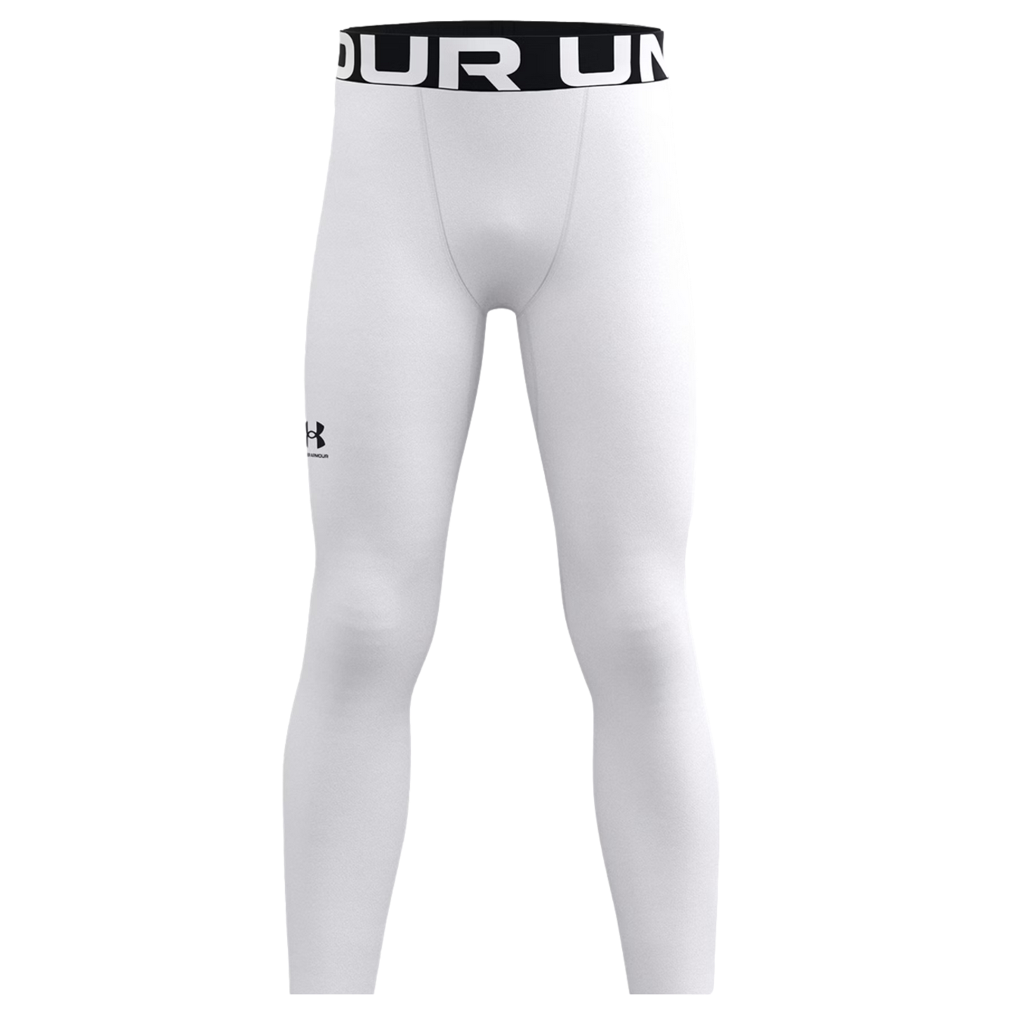 Front view of white Under Armour compression leggings with a black elastic waistband and a small logo on the right thigh.