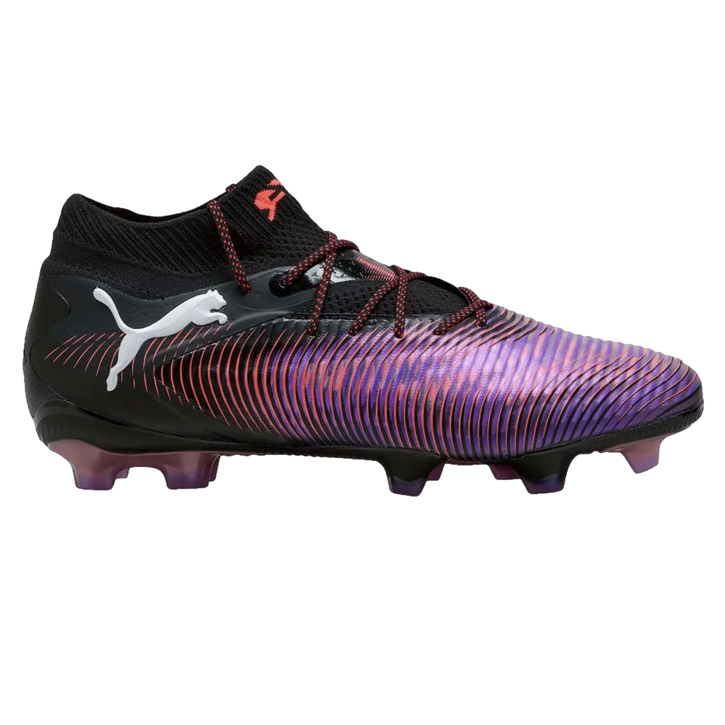 Side-view of a black Puma soccer cleat featuring a textured purple and red iridescent pattern, a white logo on the side, and translucent purple studs.