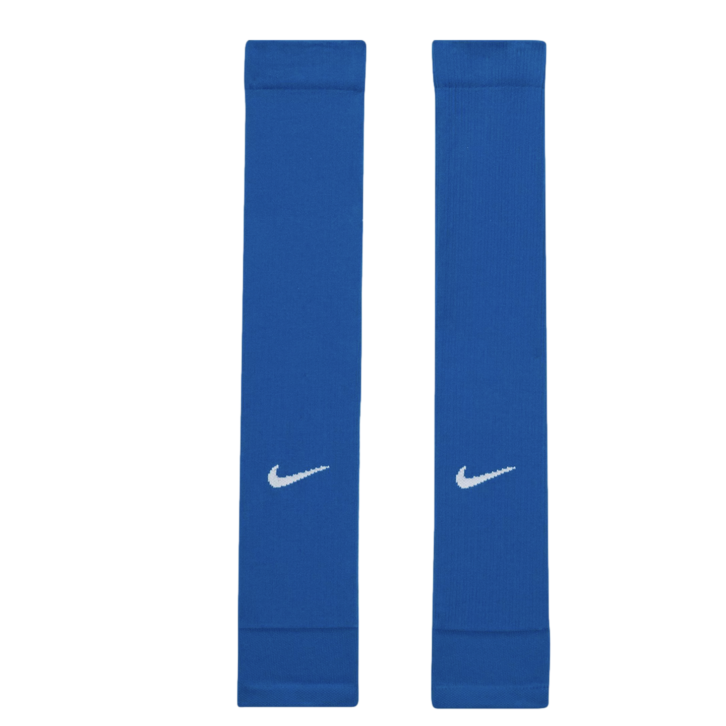 A pair of royal blue Nike sports sleeves displayed side-by-side on a white background, each featuring a white swoosh logo near the bottom.