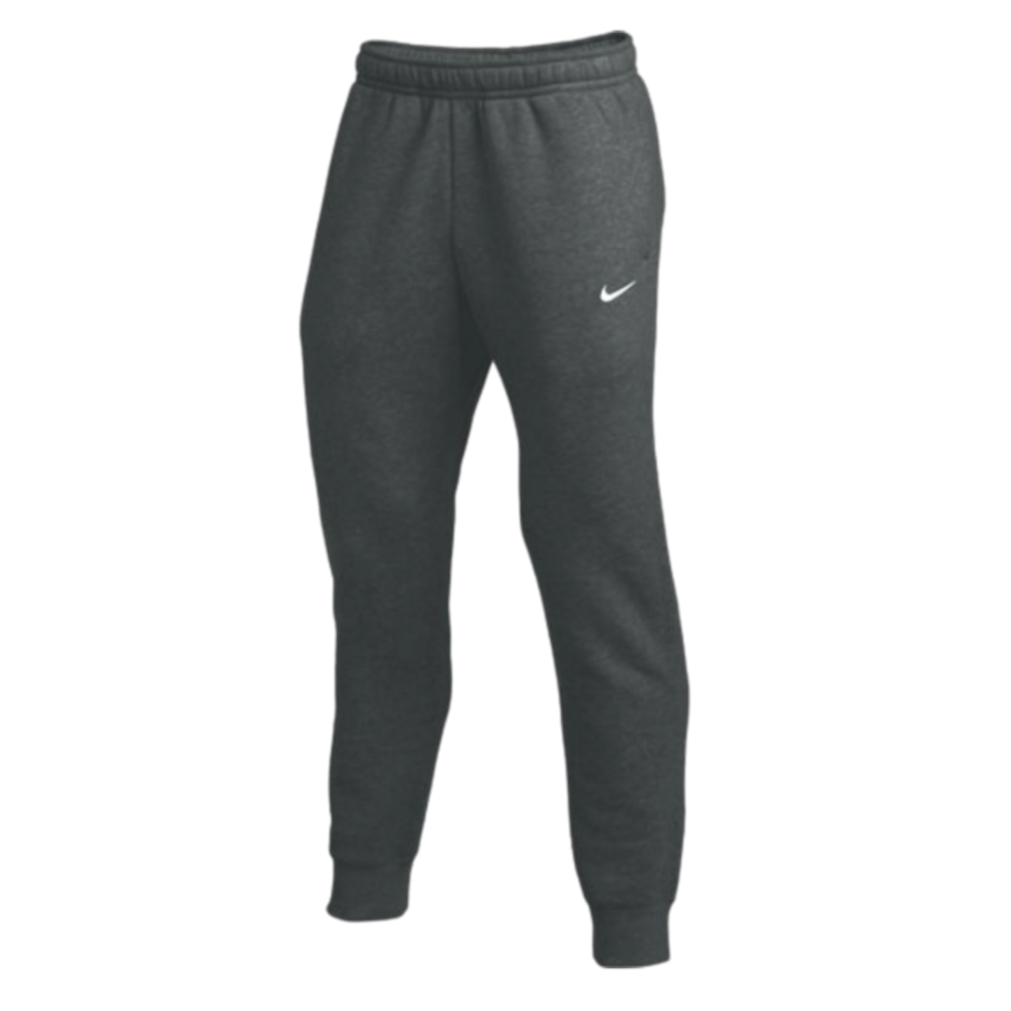 Charcoal gray Nike joggers with tapered legs, ribbed ankle cuffs, and a white swoosh logo on the left thigh.
