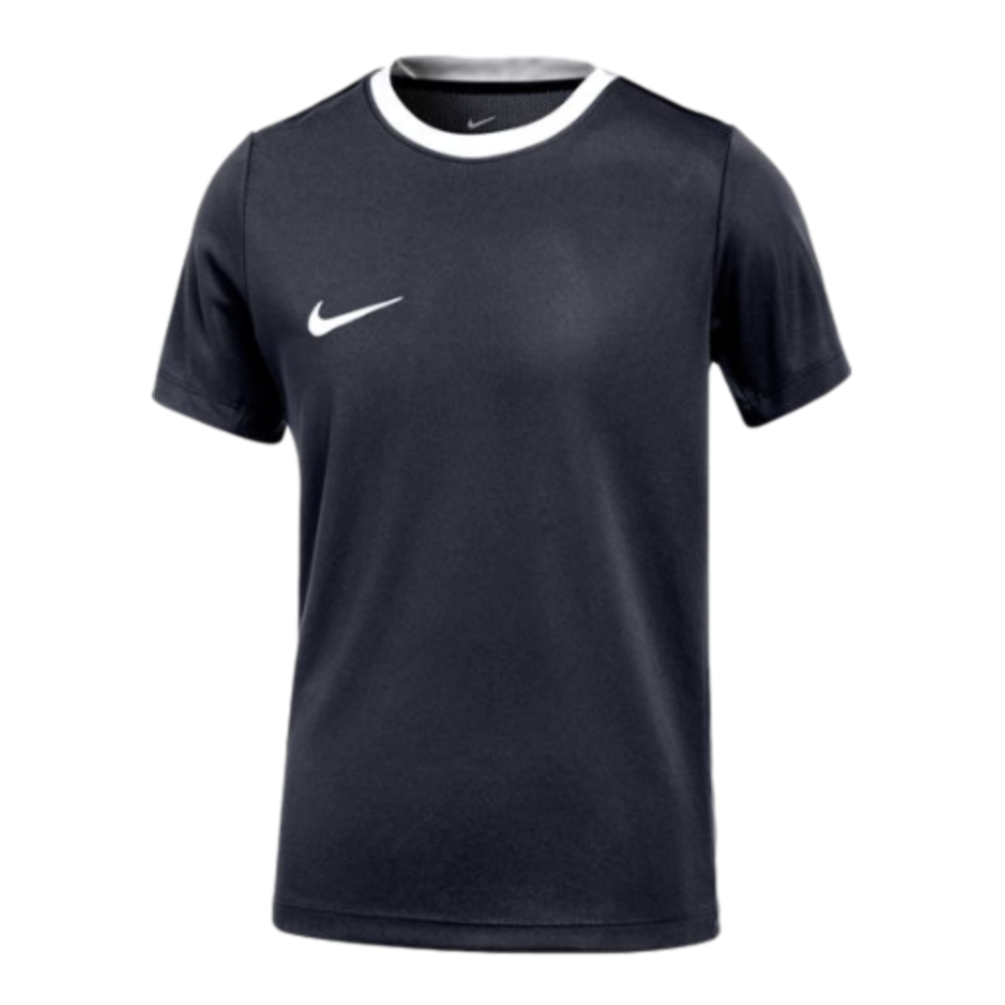 Short-sleeved navy blue Nike athletic shirt with a white crew neck collar and a white swoosh logo on the chest.