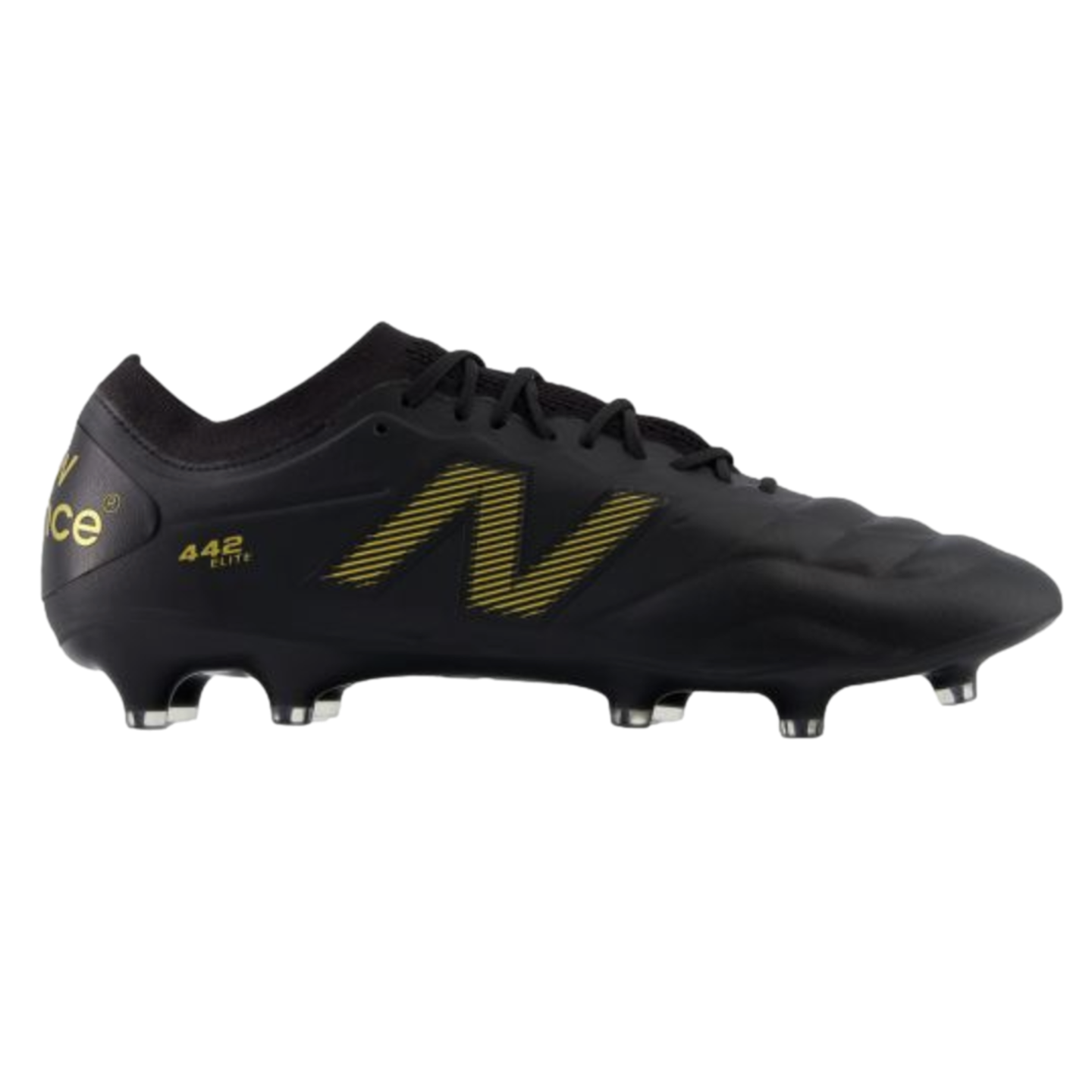 Profile of a black New Balance 442 Elite soccer cleat with a gold striped "N" logo, gold heel accents, and black studs, set against a white background.