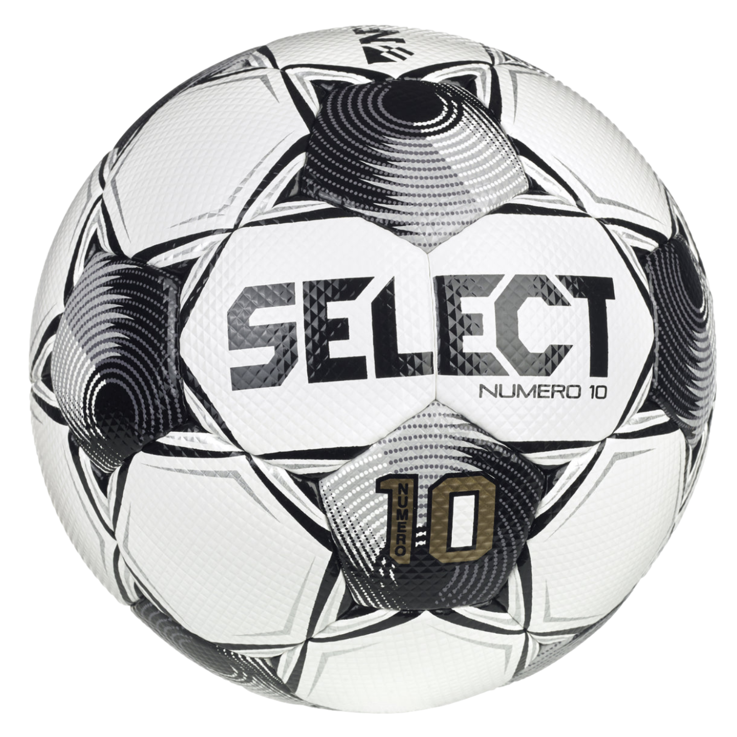 Select Numero 10 soccer ball with white panels and black patterned accents. Large "SELECT" branding and the number "10" are prominently displayed.