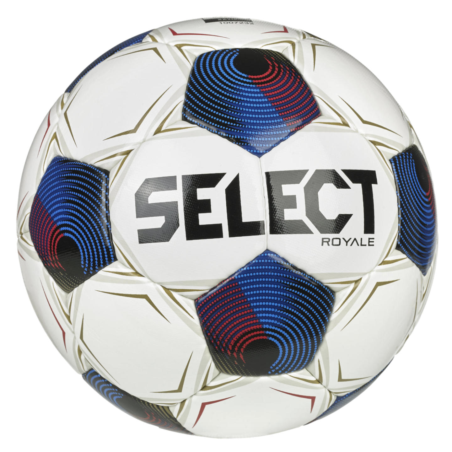A white SELECT ROYALE soccer ball featuring blue and red patterned panels with gold trim and the brand name printed in bold black letters.