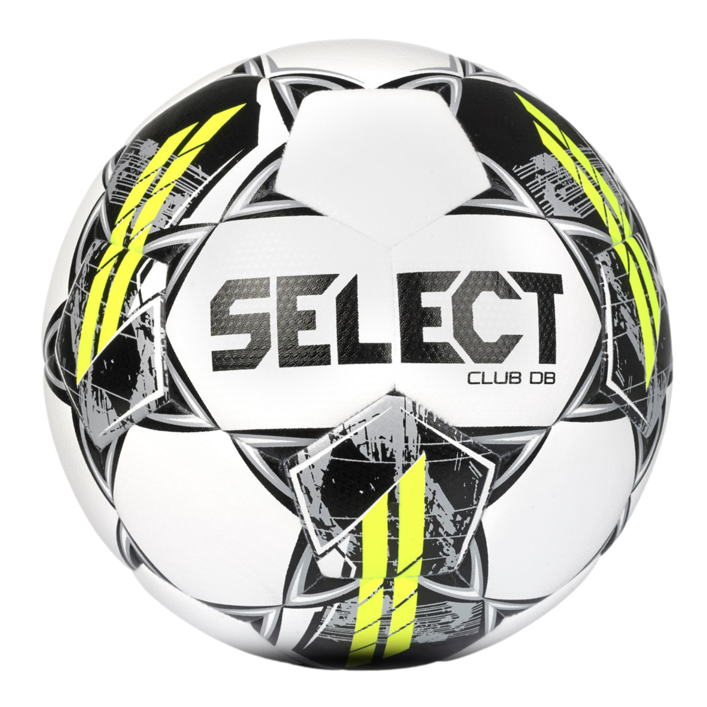 A white soccer ball featuring black and neon yellow geometric graphics. The brand "SELECT" is printed in the center with "CLUB DB" below it.
