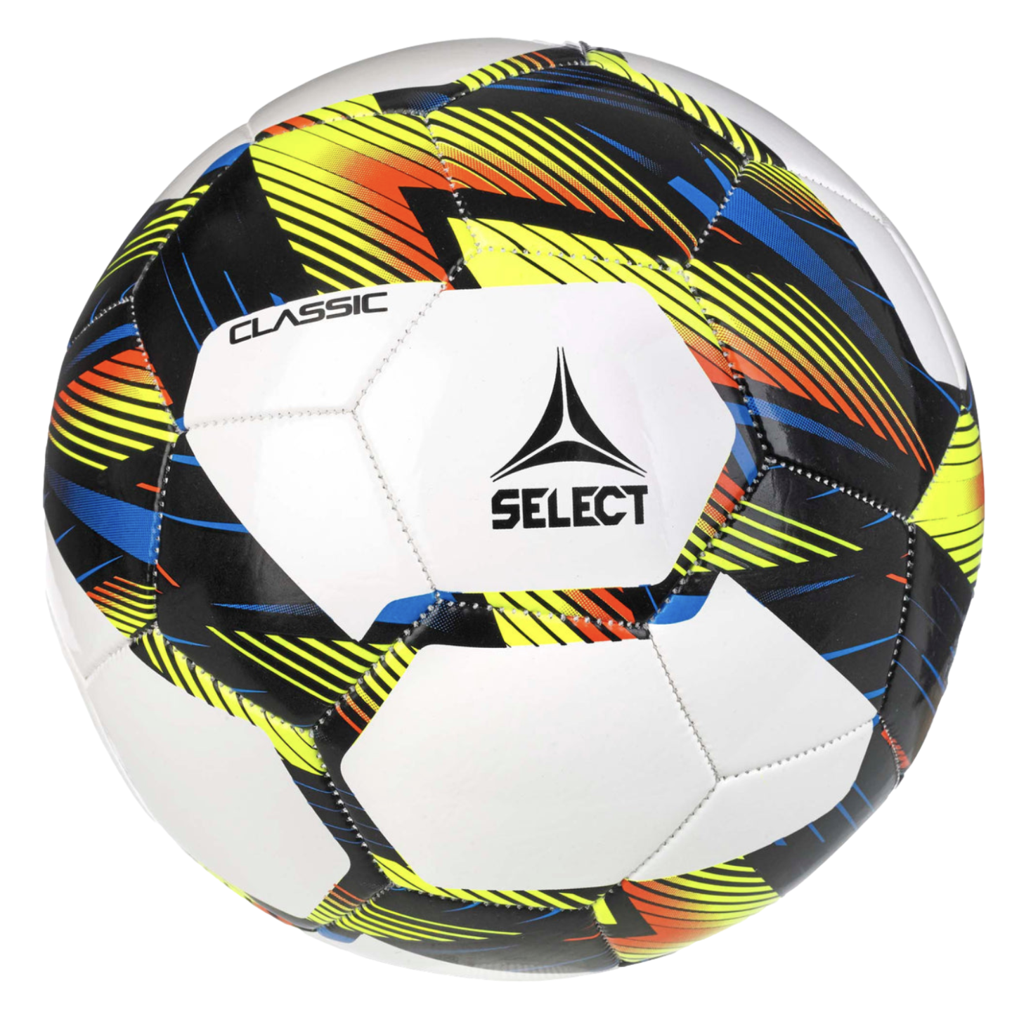 A Select Classic soccer ball featuring a white surface accented by a vibrant geometric pattern of black, yellow, orange, and blue streaks.