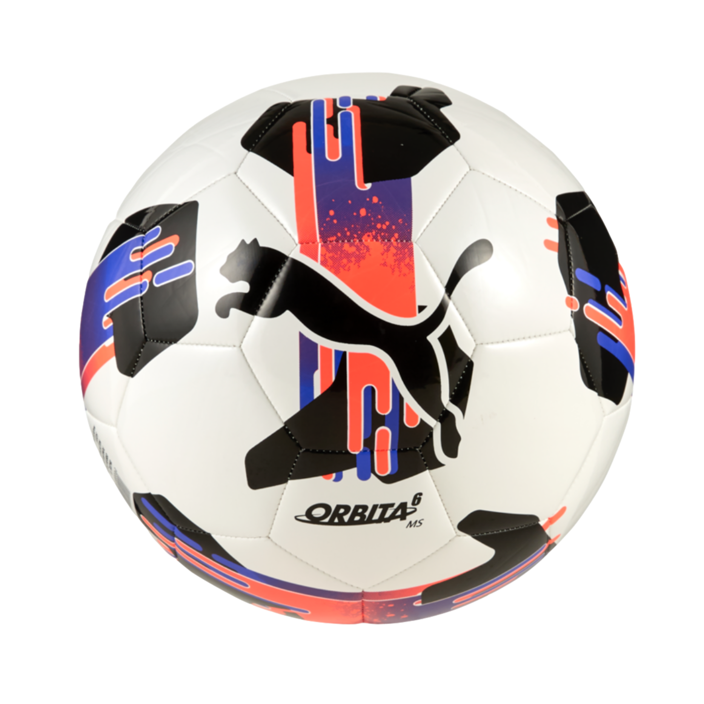 A white Puma Orbita 6 soccer ball with black, orange, and blue graphic patterns and a large black Puma cat logo at the center.