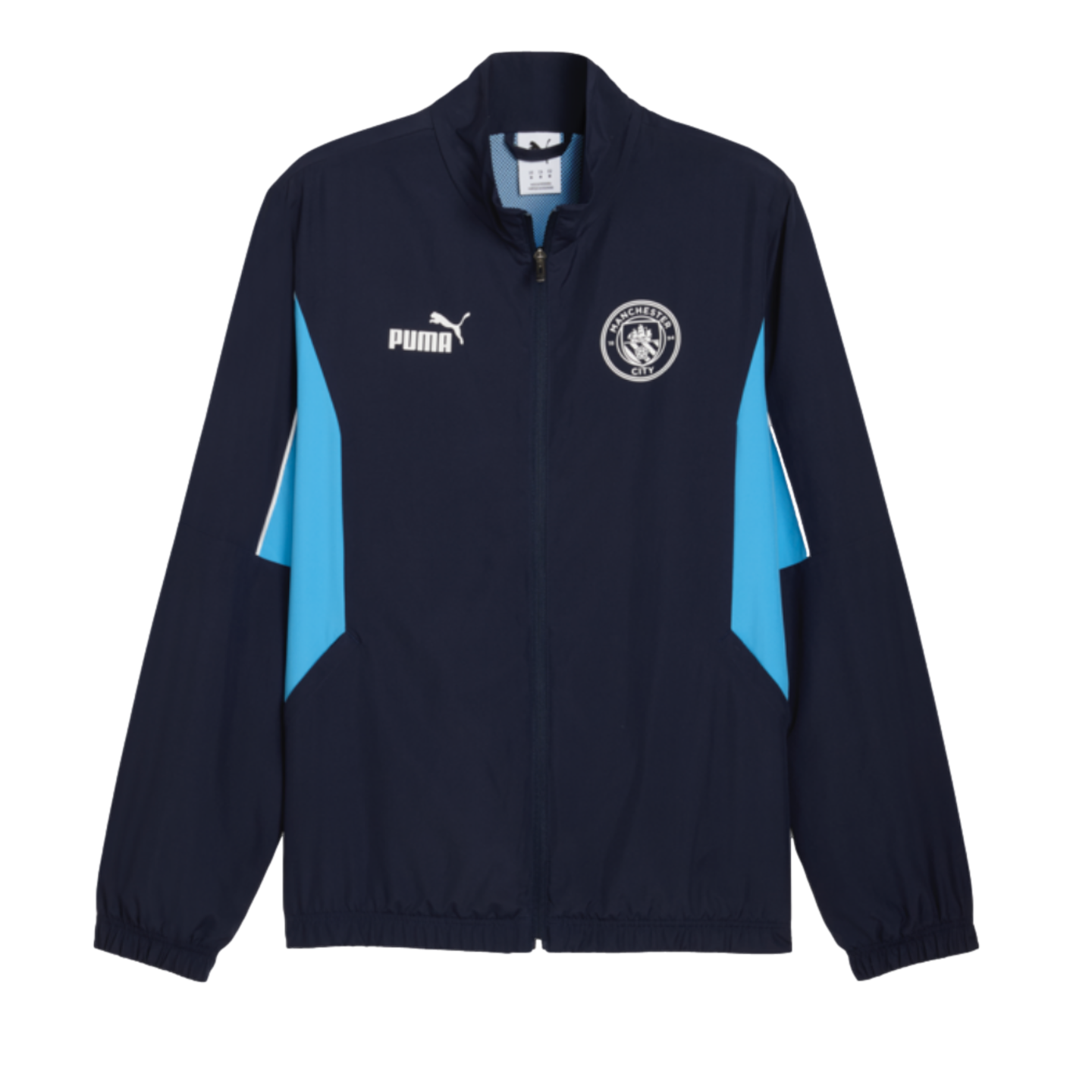 A navy blue Puma zip-up jacket for Manchester City FC, featuring light blue side panels, the white Puma logo, and the team's crest.
