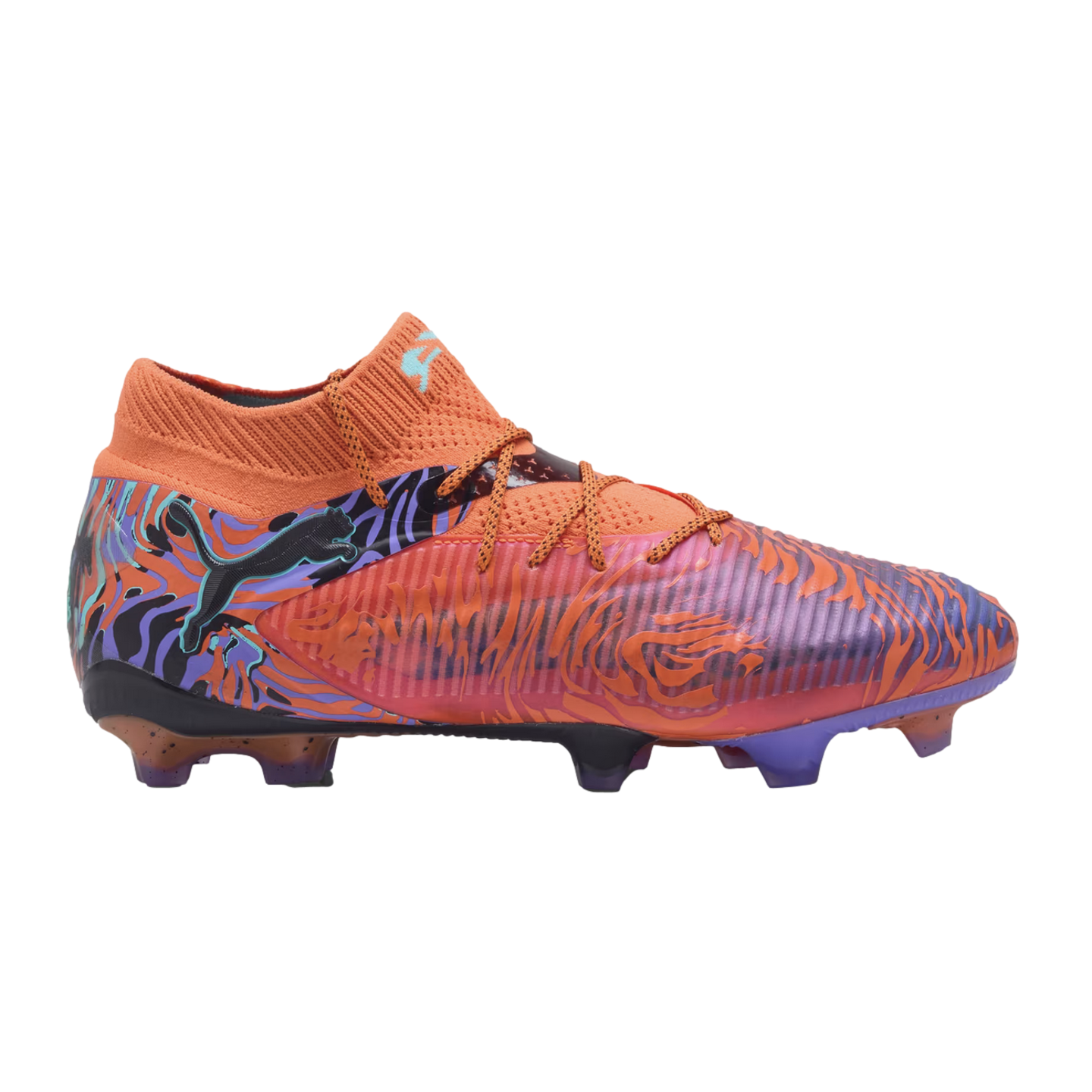 Profile view of a Puma soccer cleat featuring a vibrant orange knit collar and a purple and blue patterned upper with a black Puma logo on the side.