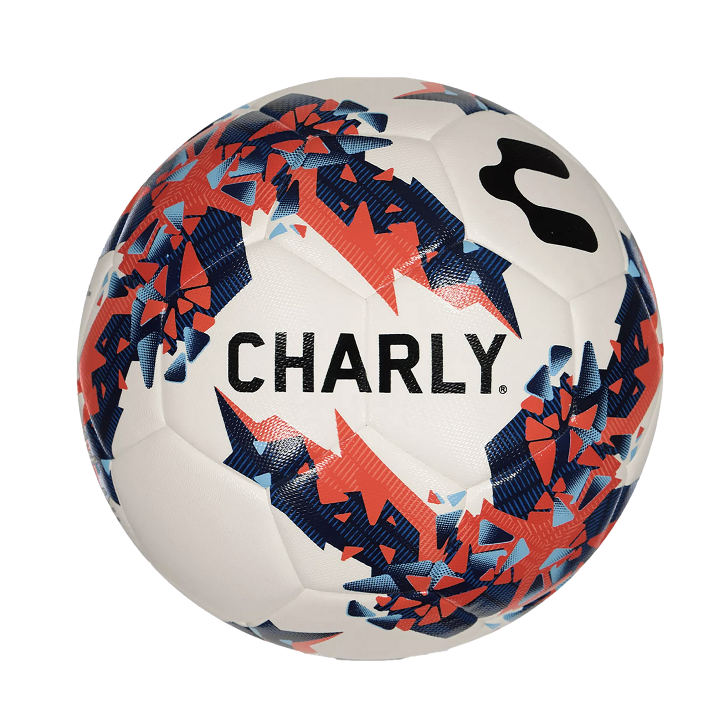 White Charly soccer ball featuring an abstract geometric pattern in red, navy blue, and light blue.