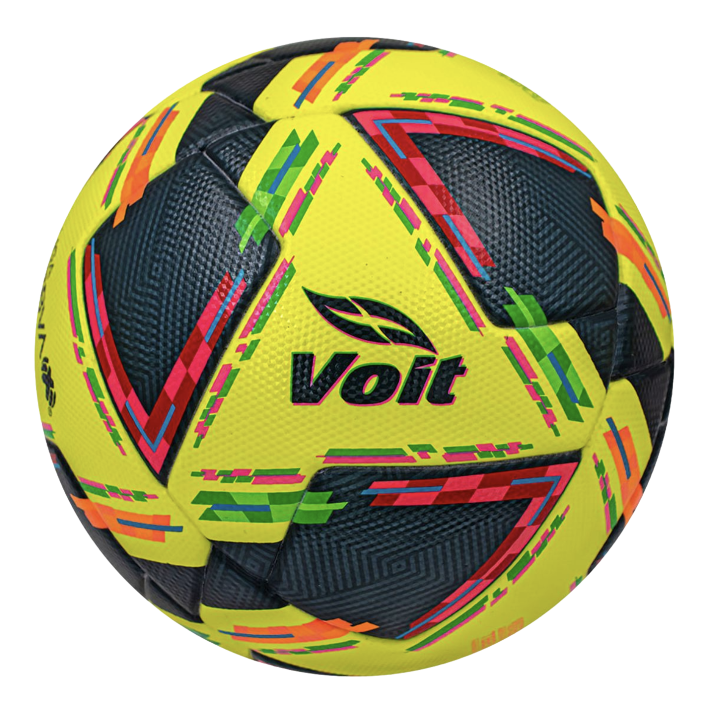 A Voit soccer ball with a bright yellow and dark grey geometric design, featuring vibrant pink, orange, and green accents on a white background.