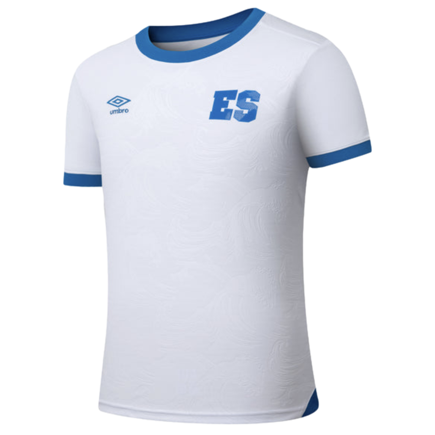 White Umbro soccer jersey for El Salvador with blue collar and sleeve trim, featuring an "ES" chest logo and a subtle tonal embossed wave pattern.
