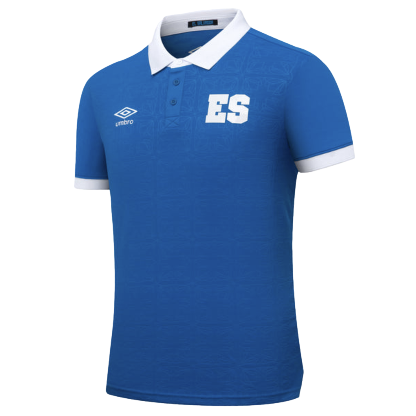 A royal blue El Salvador Umbro polo shirt with white collar and cuffs, featuring a large white "ES" on the chest and a subtle tonal geometric pattern throughout.