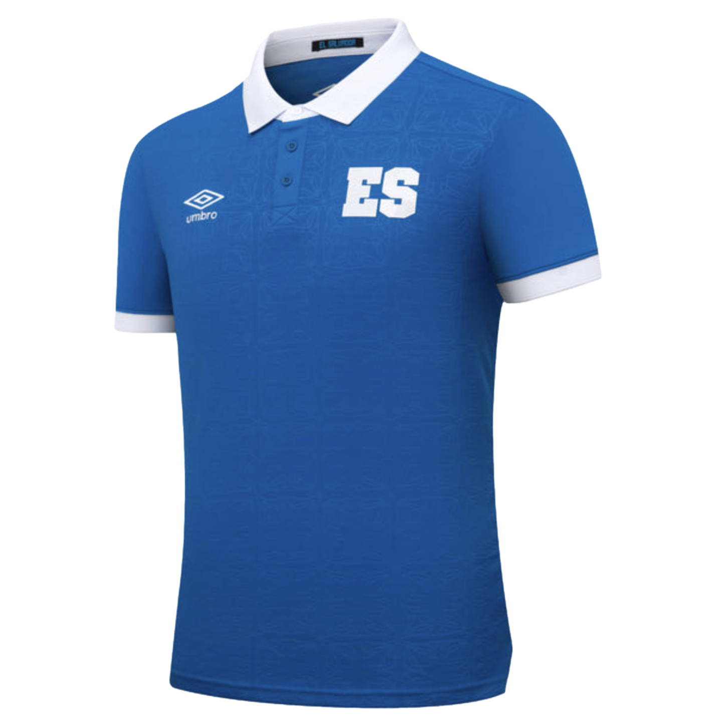Blue Umbro polo shirt for the El Salvador national team, featuring a white collar and cuffs, an "ES" logo on the left chest, and the Umbro logo on the right.