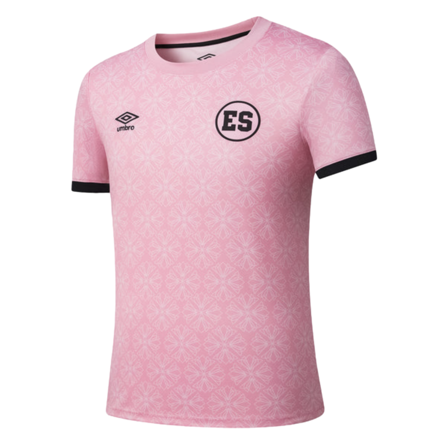 Light pink Umbro soccer jersey for El Salvador. It features a tonal floral pattern, black sleeve cuffs, and a circular "ES" badge on the chest.