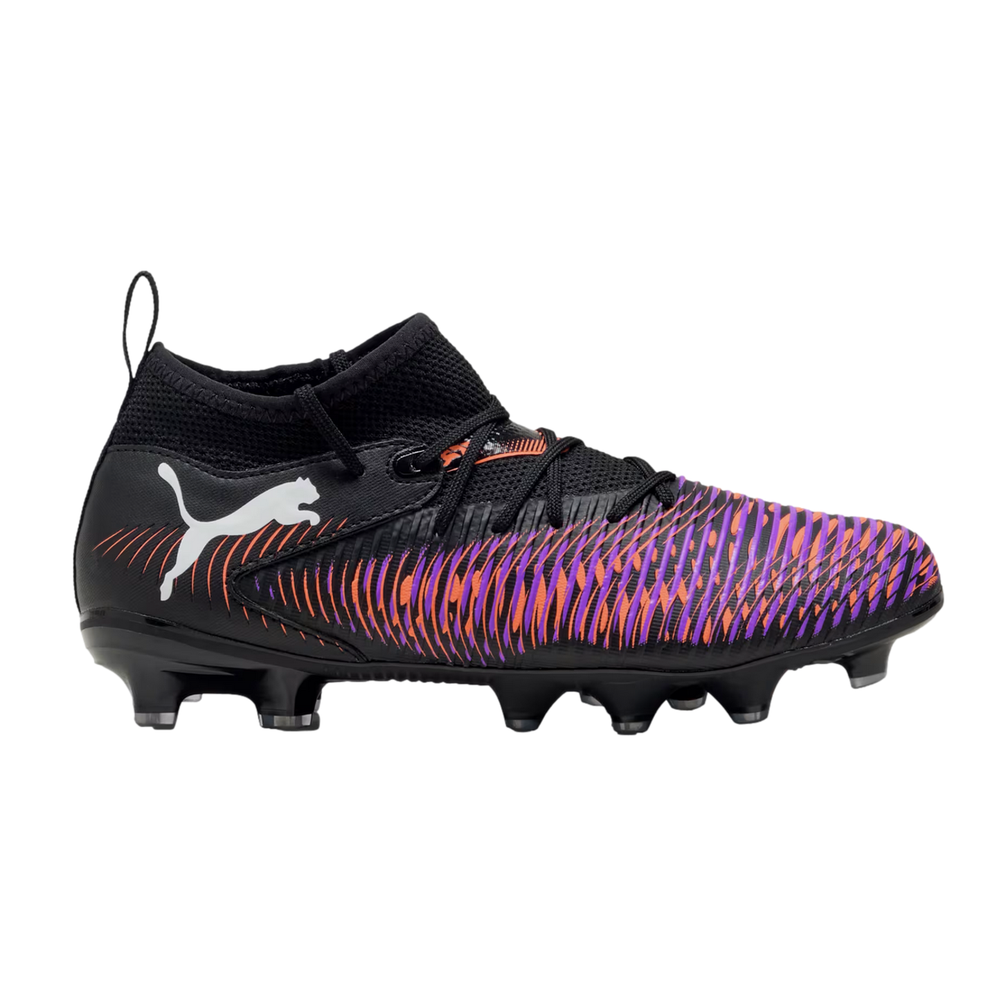 A black Puma soccer cleat featuring a white logo, vibrant purple and orange patterns, a high-top collar, and black studs.