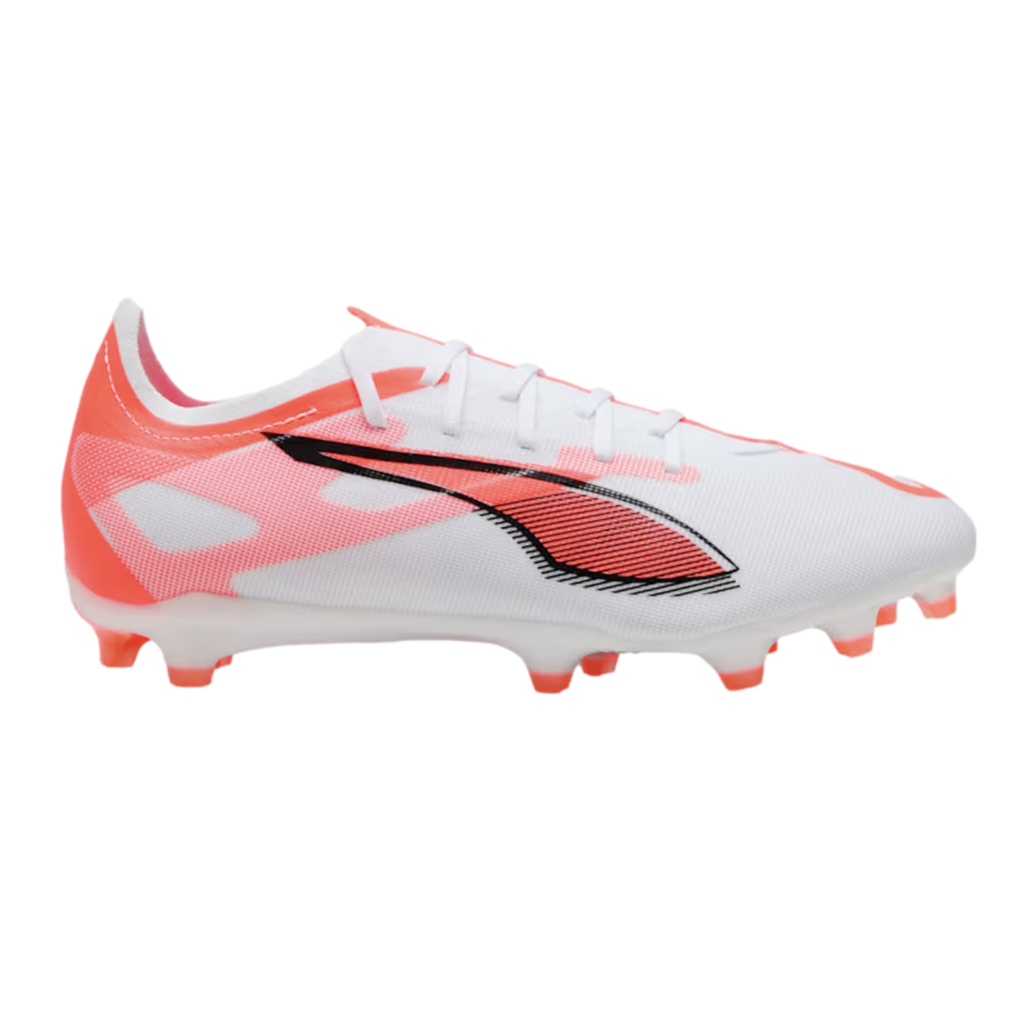 Side profile of a white Puma soccer cleat with bright orange accents on the heel and studs, featuring a black-outlined formstrip.