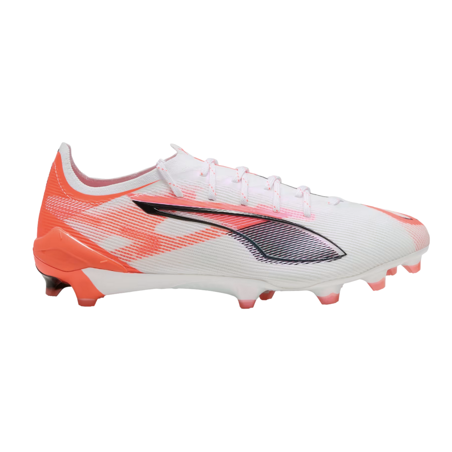 Side view of a white Puma soccer cleat with vibrant orange heel and stud details and a black and orange brand logo on the side.