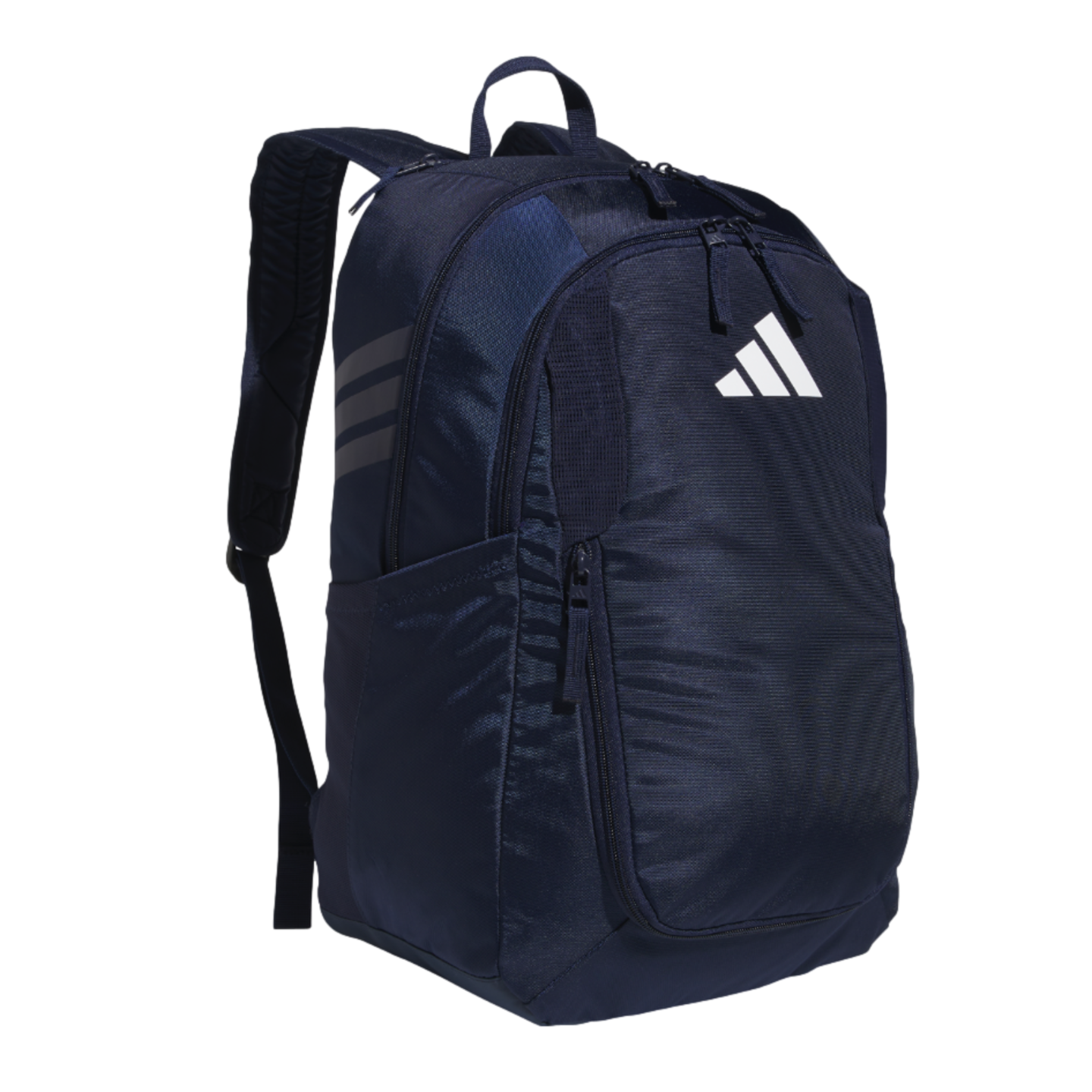 A navy blue Adidas backpack with a white logo, multiple zippered compartments, two shoulder straps, and a top handle.