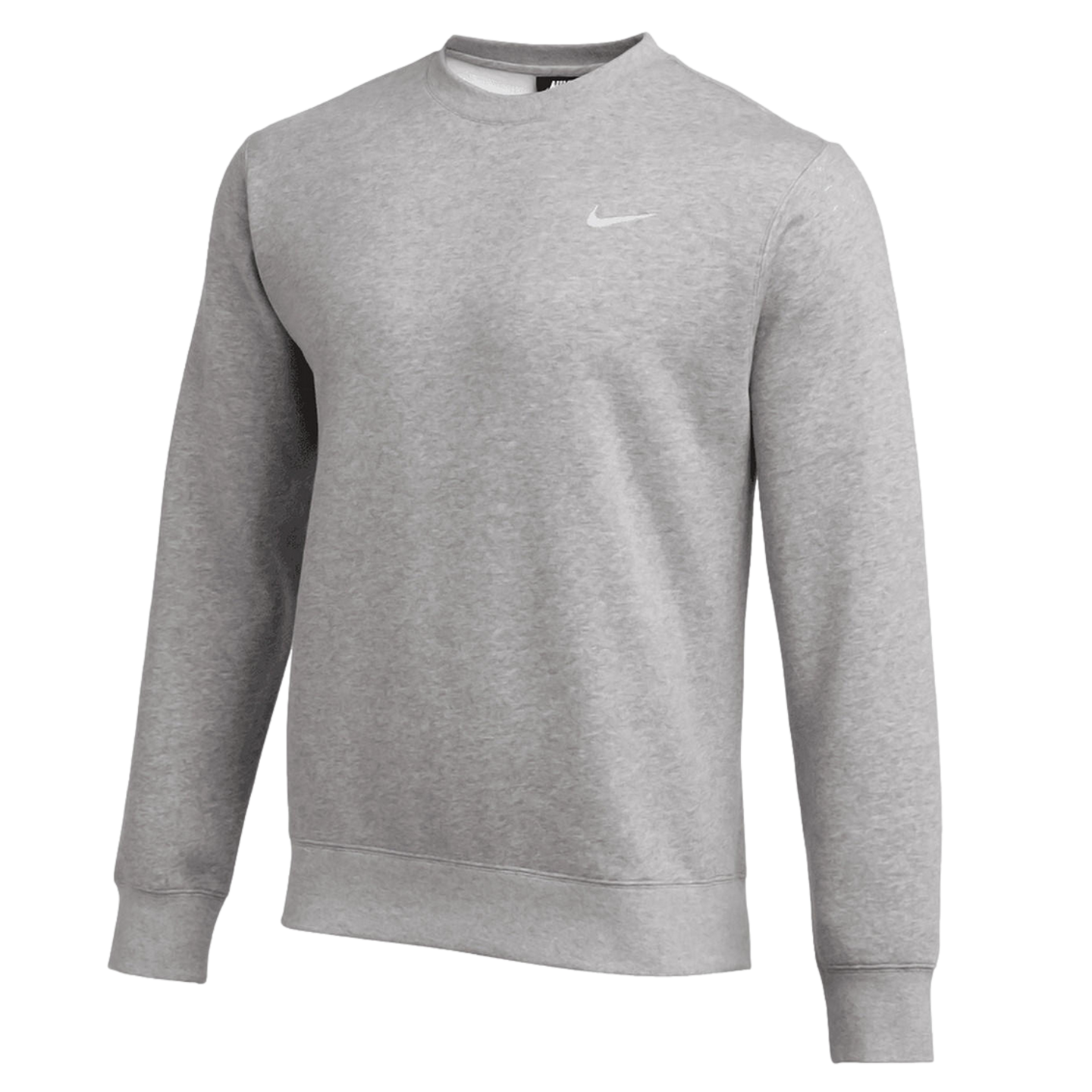 Light grey Nike crewneck sweatshirt with a white swoosh logo on the chest, long sleeves with ribbed cuffs, and a ribbed hem.