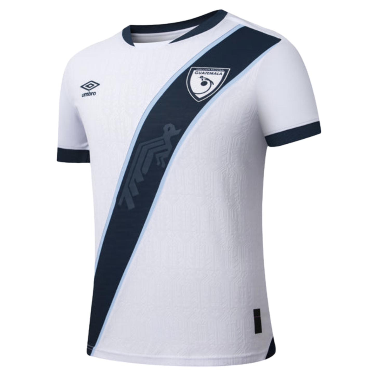 White Guatemala national team soccer jersey by Umbro featuring a navy blue diagonal sash, team crest, and a subtle patterned texture.