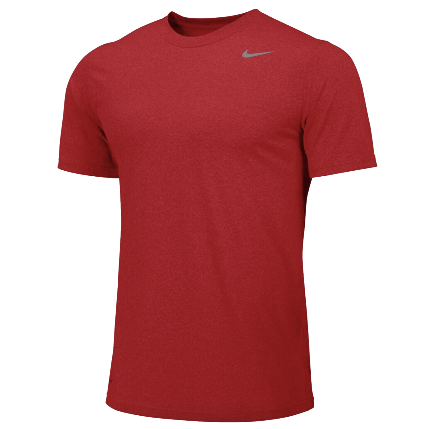 Red heathered short-sleeved Nike crewneck t-shirt with a small silver swoosh logo on the upper left chest.