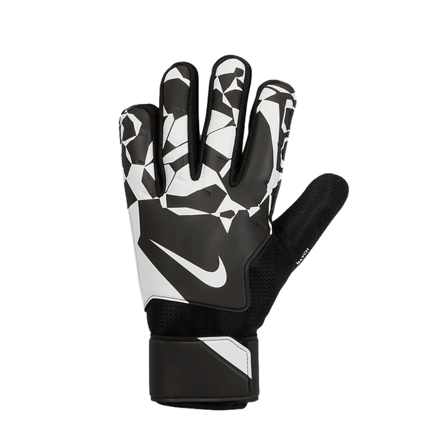 A black and white Nike goalkeeper glove with a geometric pattern on the fingers and palm, featuring a white swoosh logo on the back and a solid black wrist strap.