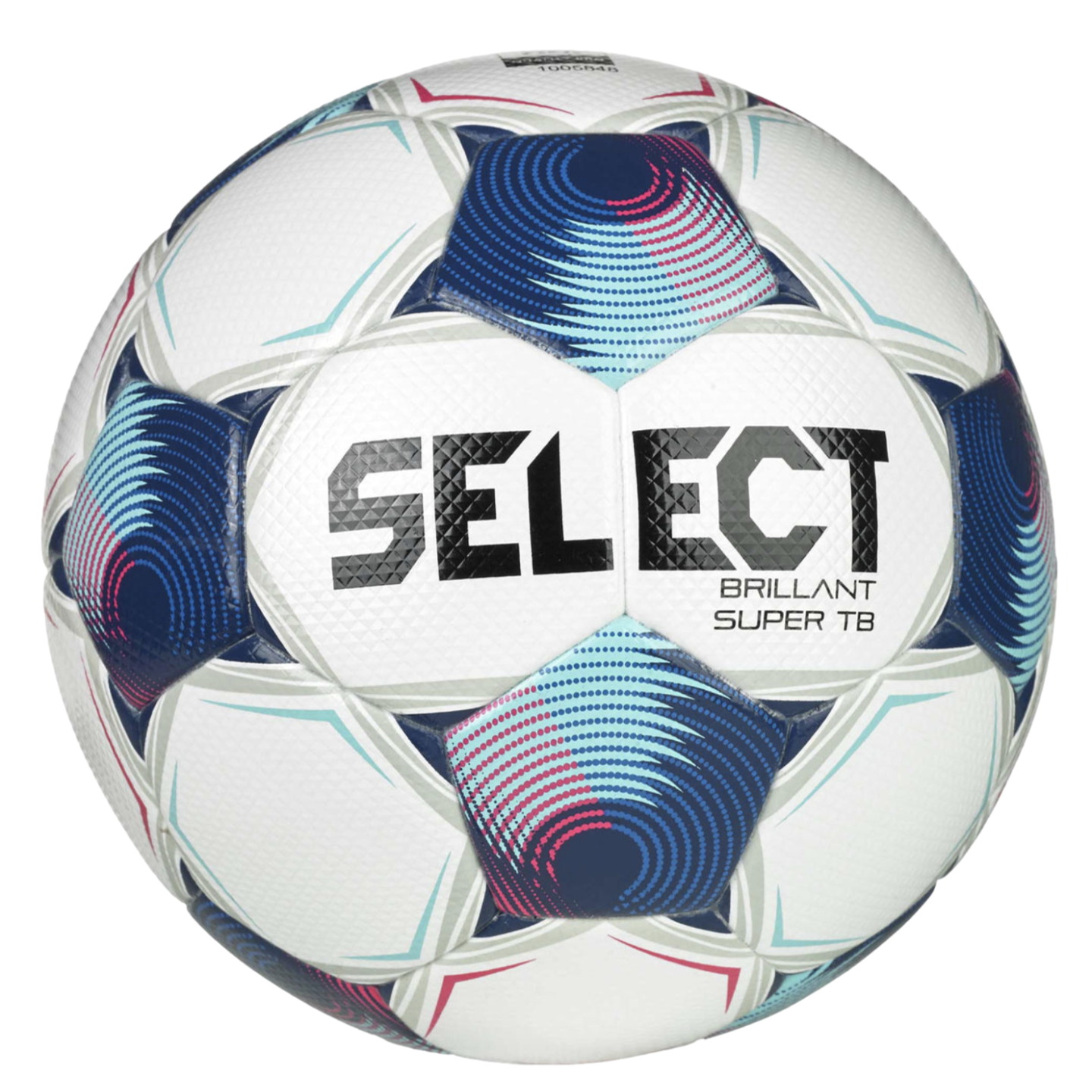 White SELECT Brillant Super TB soccer ball featuring black text and blue, cyan, and pink swirling patterns on textured panels.
