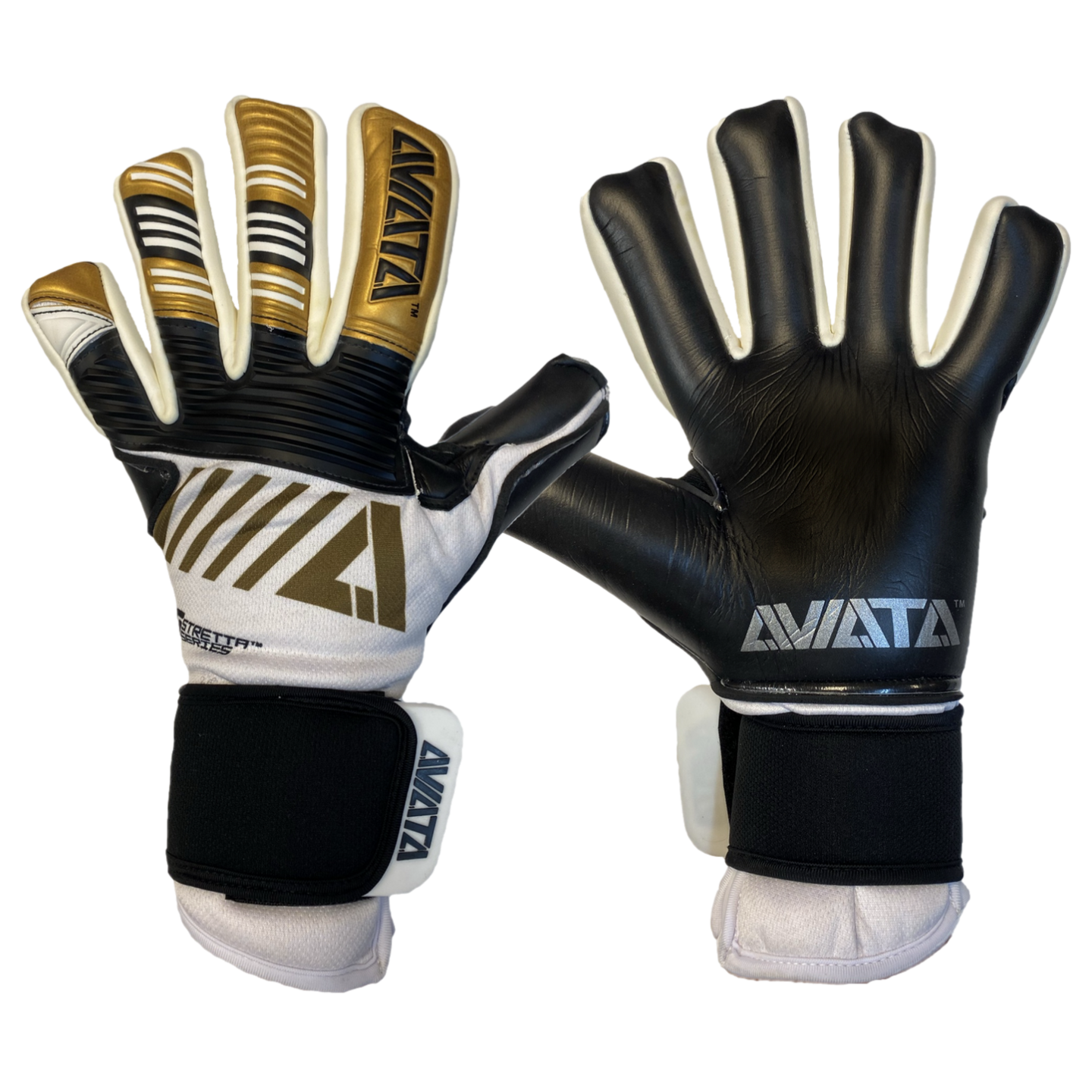 A pair of Aviata goalkeeper gloves. The left glove shows the gold, black, and white backhand, and the right glove shows the black palm with silver logos.