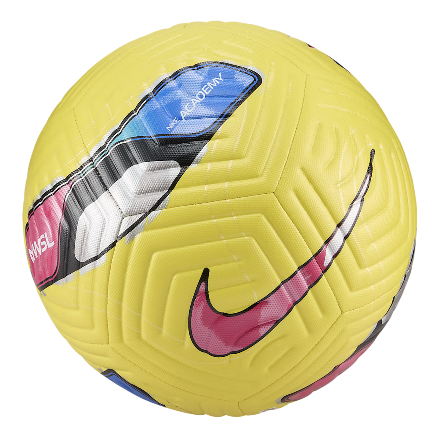 A bright yellow Nike Academy soccer ball featuring a pink swoosh, NWSL branding, and a textured geometric pattern.
