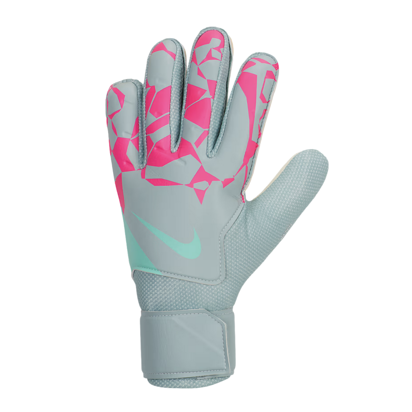 A grey Nike goalkeeper glove featuring a pink geometric pattern and a light turquoise swoosh, with a wide adjustable wrist strap.
