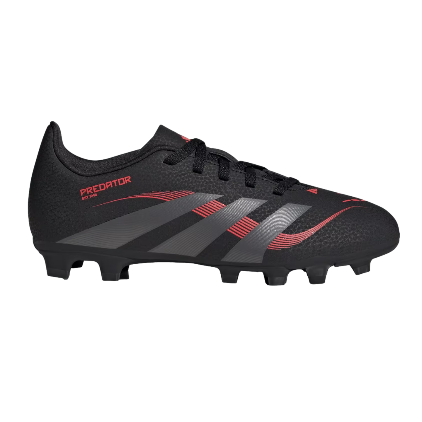 Side view of a black Adidas Predator soccer cleat with red and grey accents, shown against a white background.