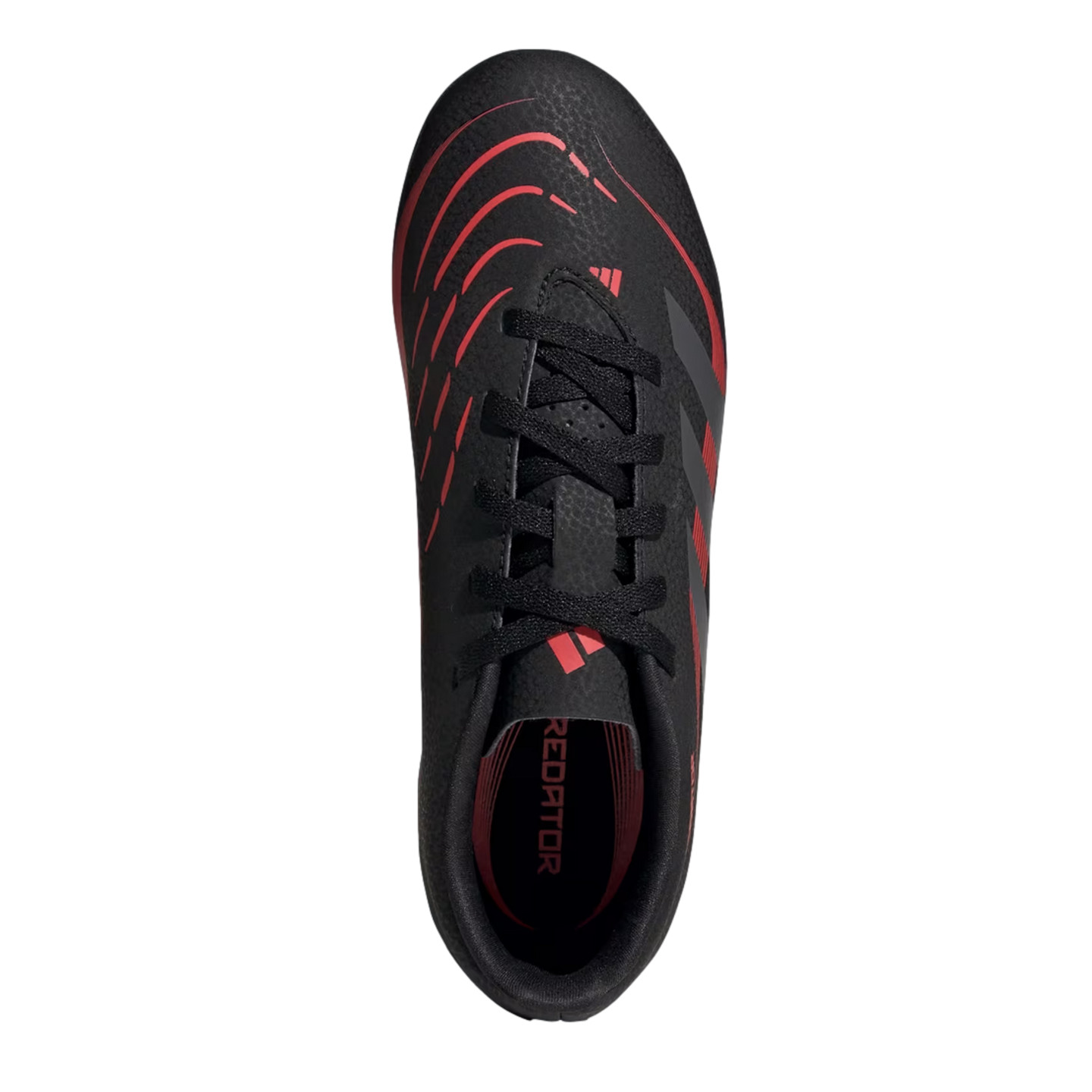 A top-down view of a black Adidas Predator soccer cleat featuring curved red line graphics on the upper and black laces.