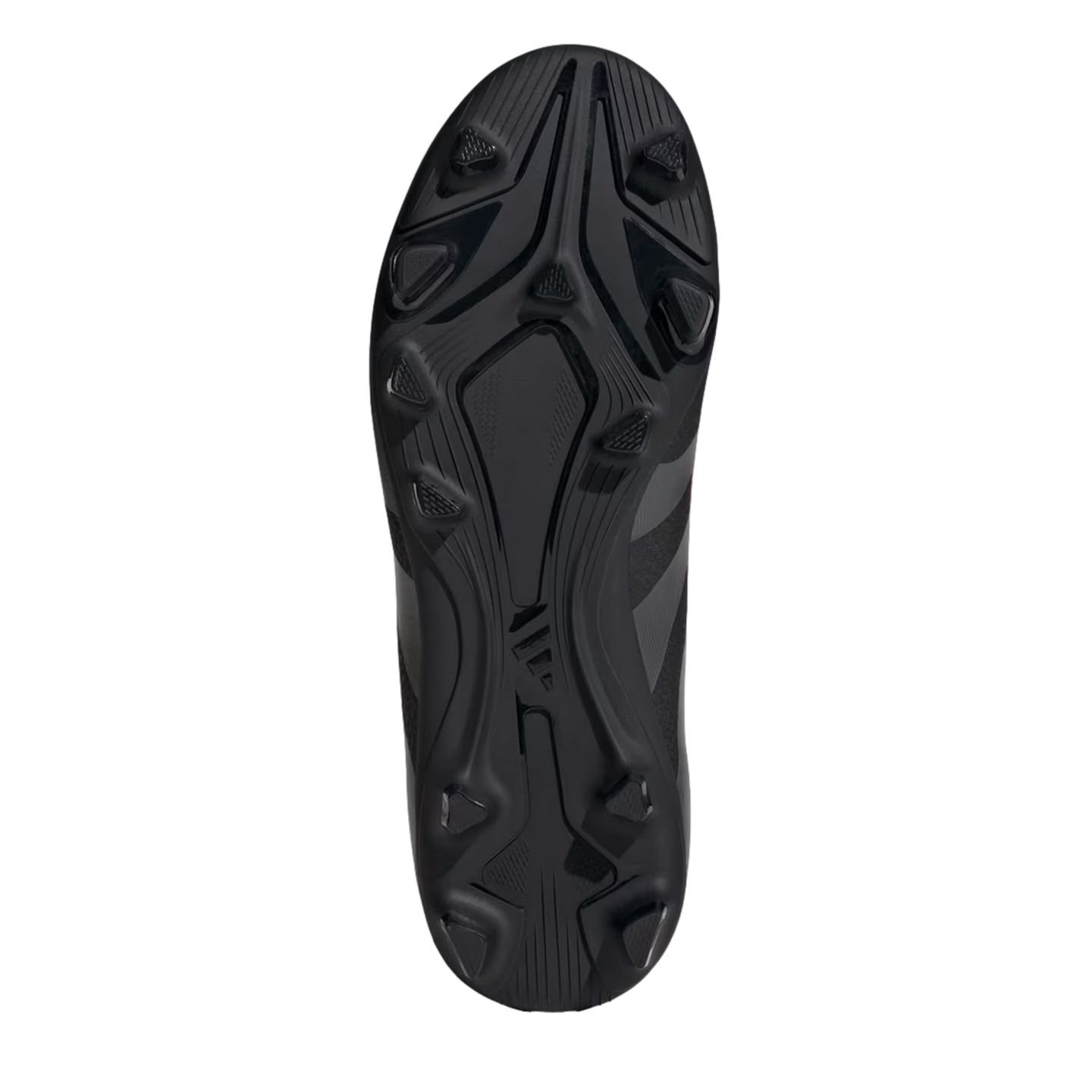 Underside of a black Adidas soccer cleat showing the stud pattern and brand logo against a white background.