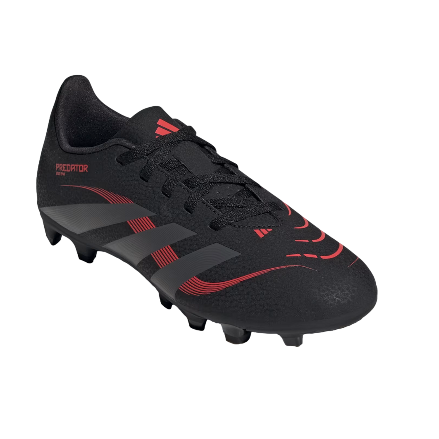 A black Adidas Predator soccer cleat with red accents and a studded sole, viewed from the side on a white background.