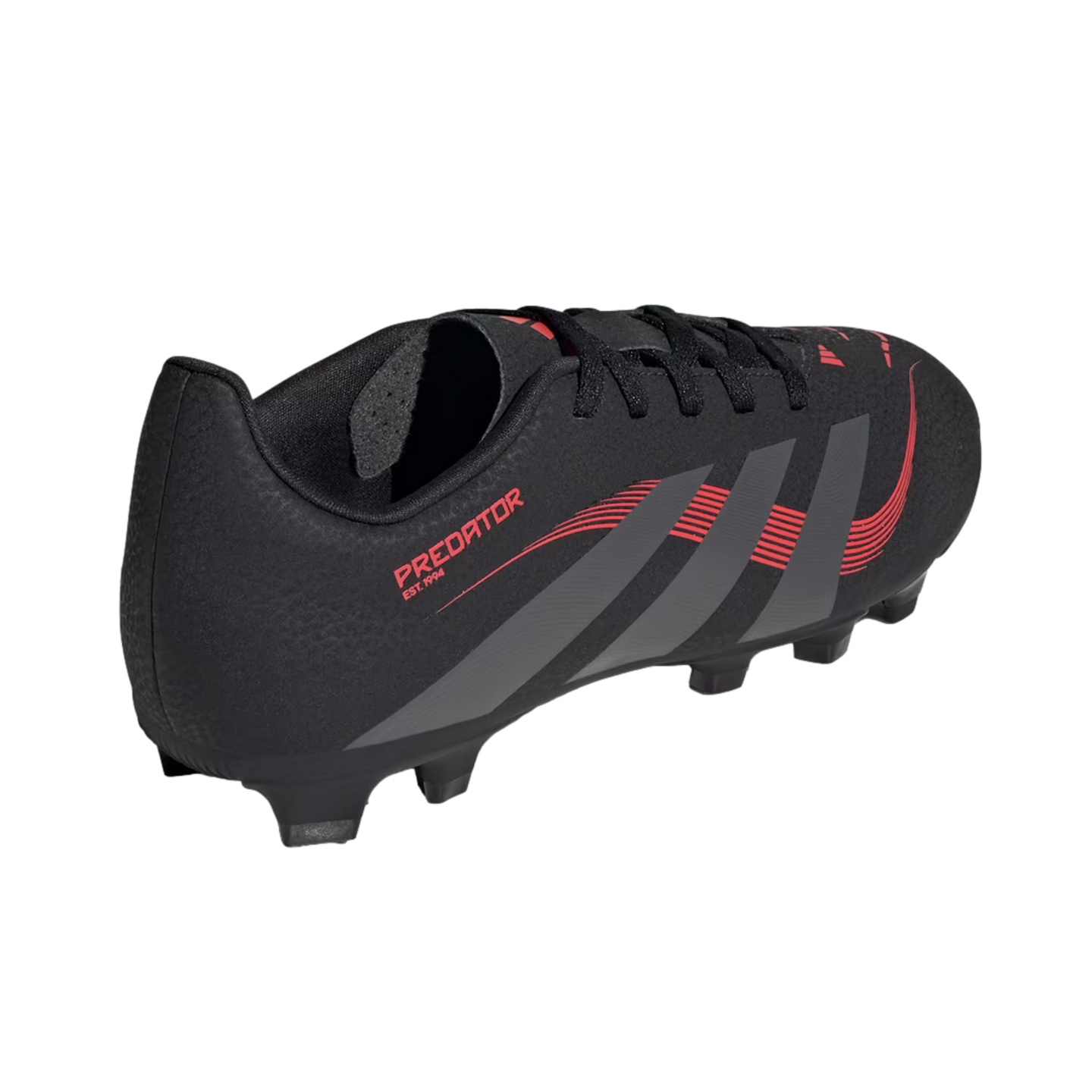 A black Adidas Predator soccer cleat with red details and gray stripes, shown from a rear-side angle on a white background.