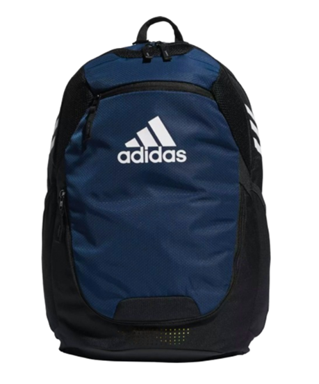 Navy blue and black Adidas backpack featuring a large white logo on the front panel.