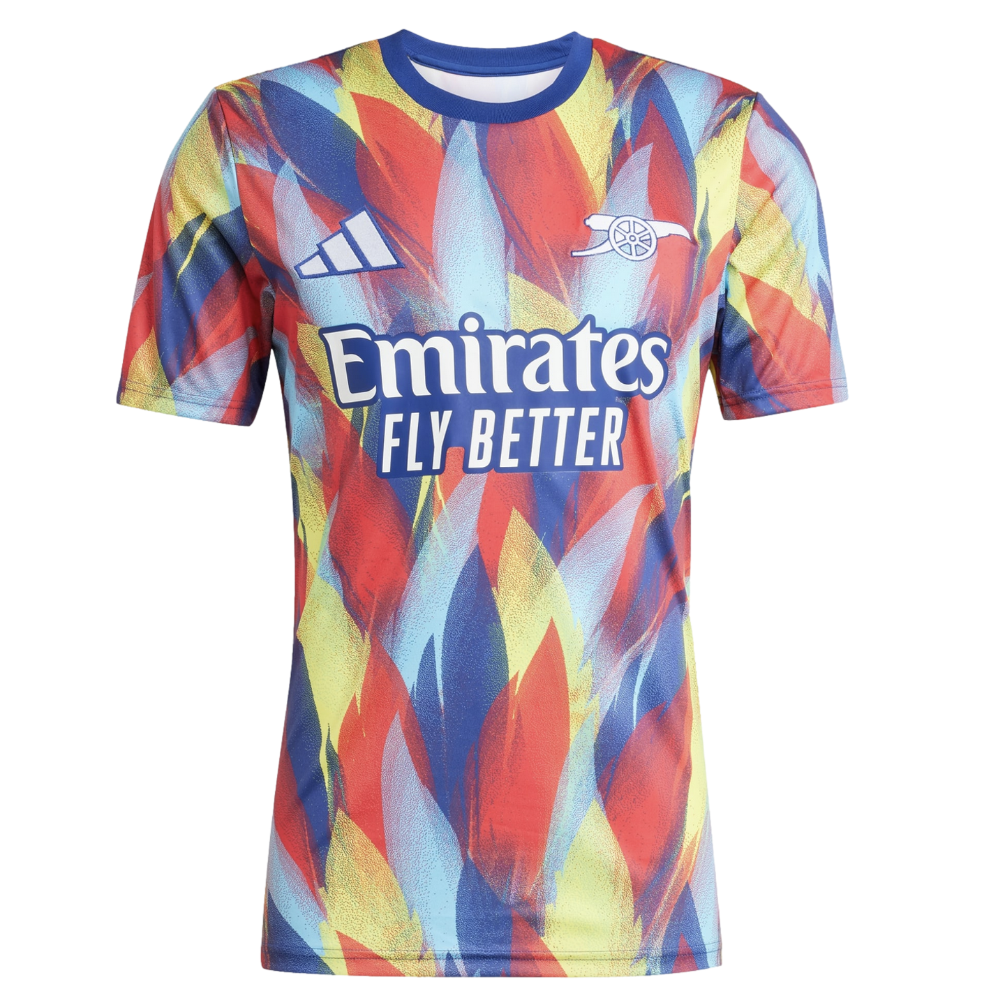 Adidas Arsenal soccer jersey featuring a colorful red, yellow, and blue brushstroke pattern with white club crest and Emirates sponsor logo.