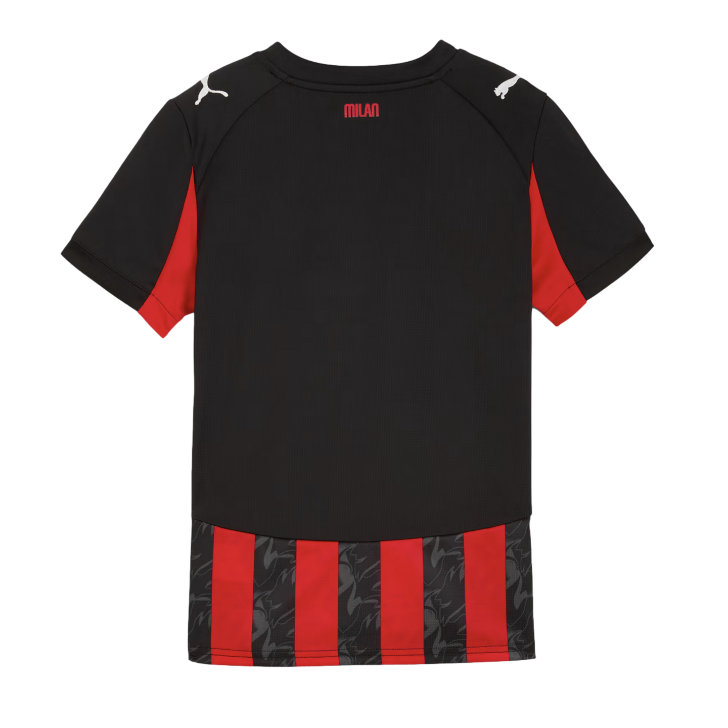 Back view of a black Puma AC Milan soccer jersey with red accents. Features "MILAN" text on the neck and red-and-black striped detailing at the bottom hem.