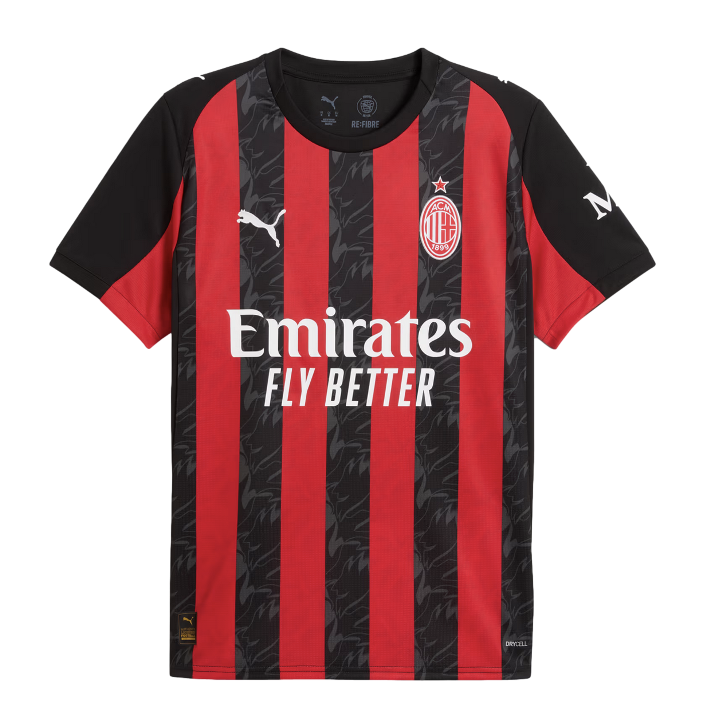 AC Milan home football jersey with red and black vertical stripes, a white Puma logo, team crest, and "Emirates FLY BETTER" sponsor text.