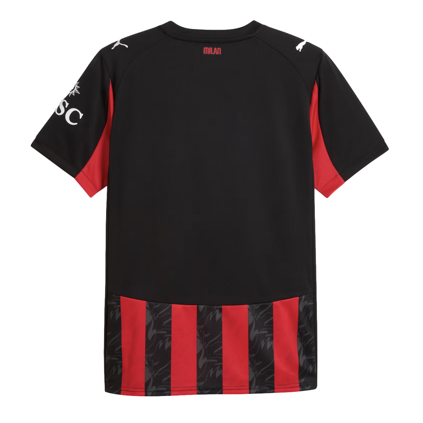 Back view of a black AC Milan jersey with red side panels and a striped bottom hem. Features Puma logos on the shoulders and "MILAN" printed on the back neck.