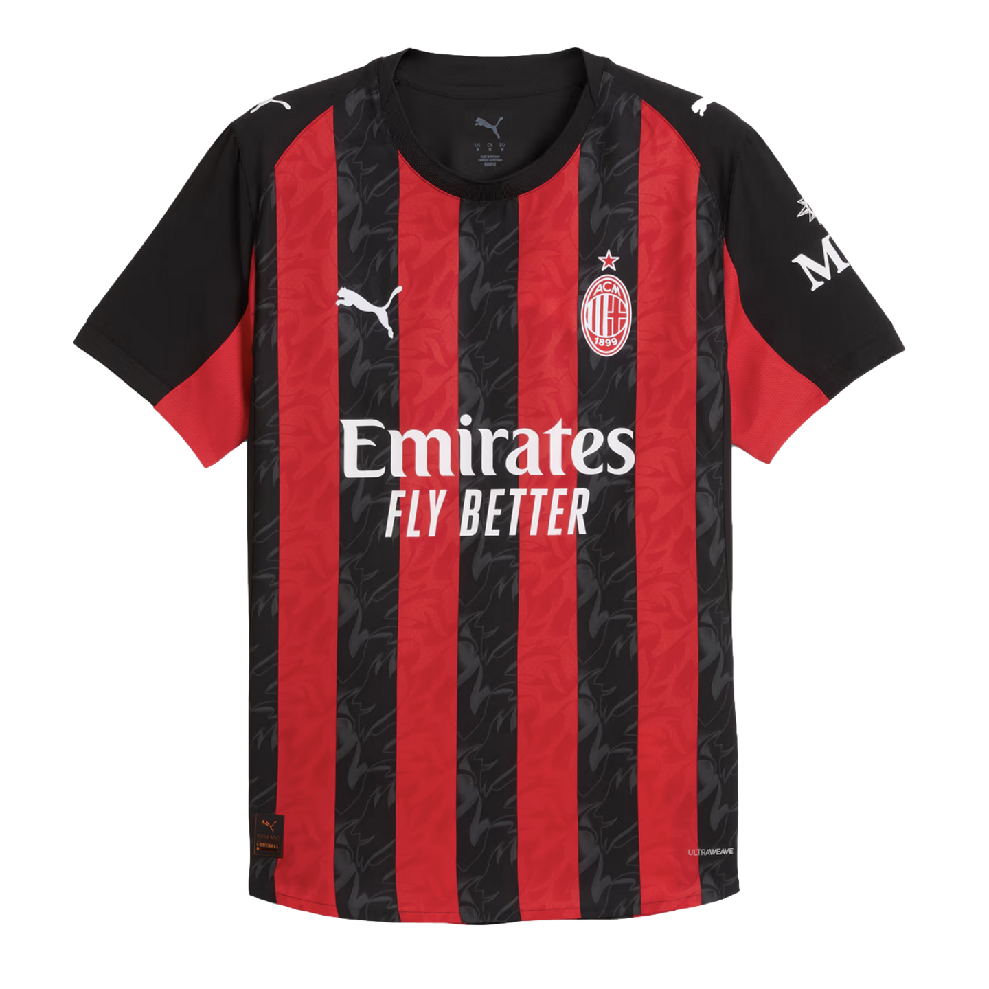 AC Milan home soccer jersey with red and black vertical stripes, featuring the club crest, white Puma logo, and "Emirates FLY BETTER" sponsor.